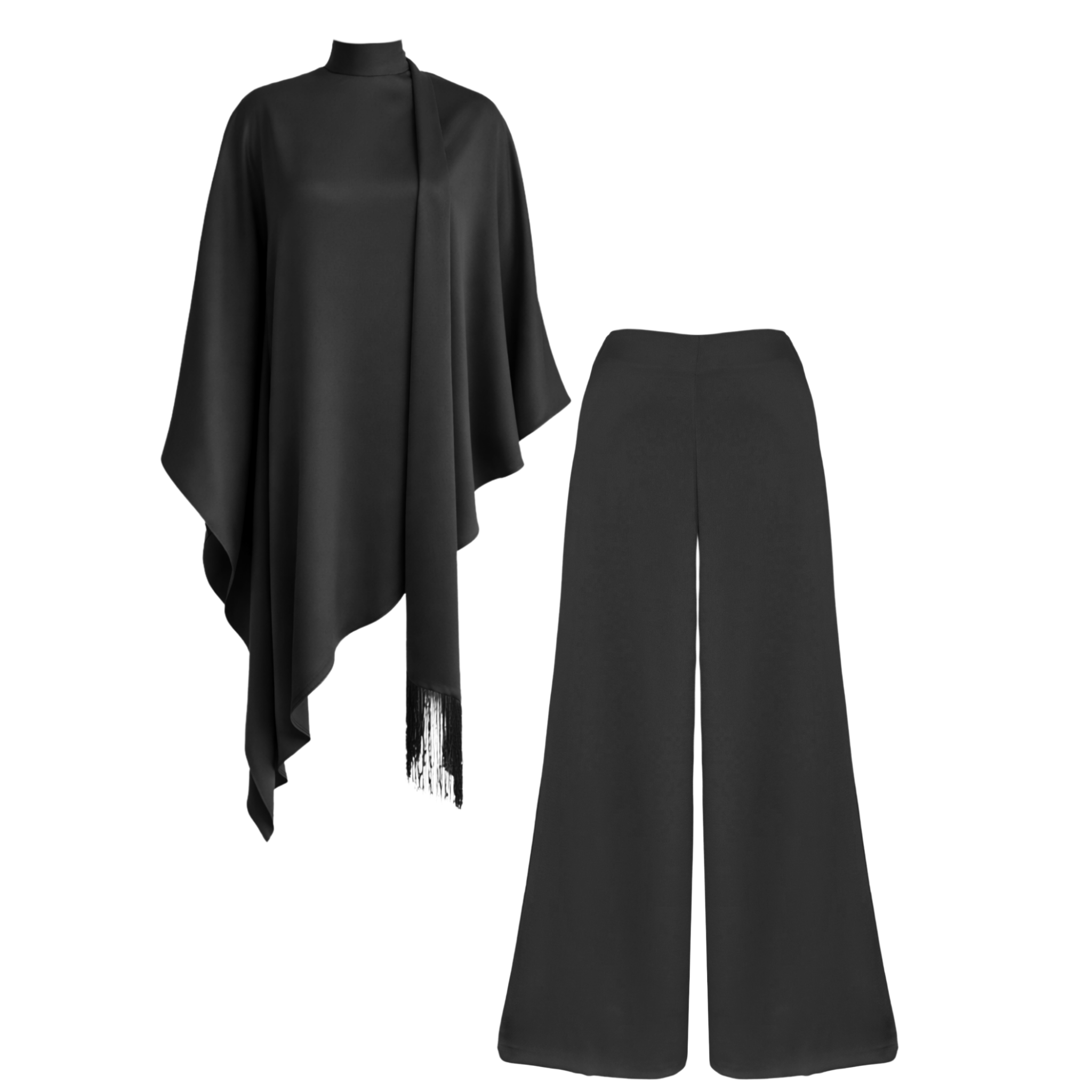 HIGH NECK SHAWL DETAIL SATIN SET BLACK