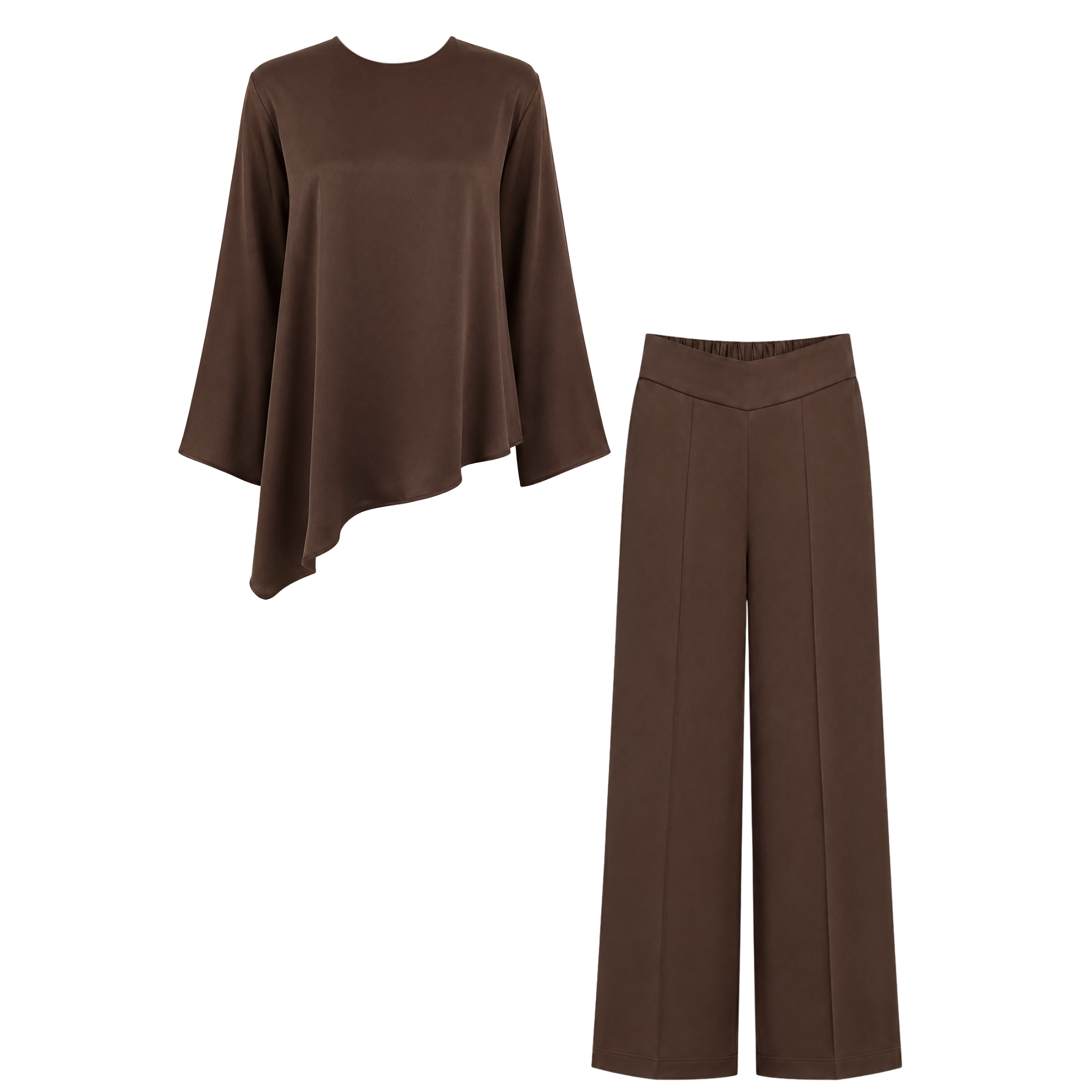 ASYMMETRIC CUT 100% RAYON SATIN SHIMMER SET BROWN