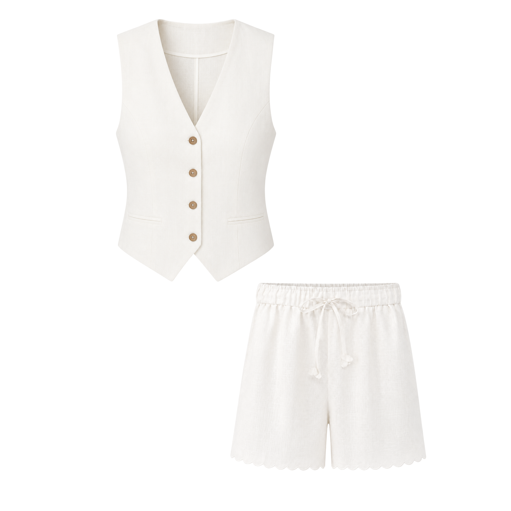 100% LINEN VEST AND SHORTS SET ECRU