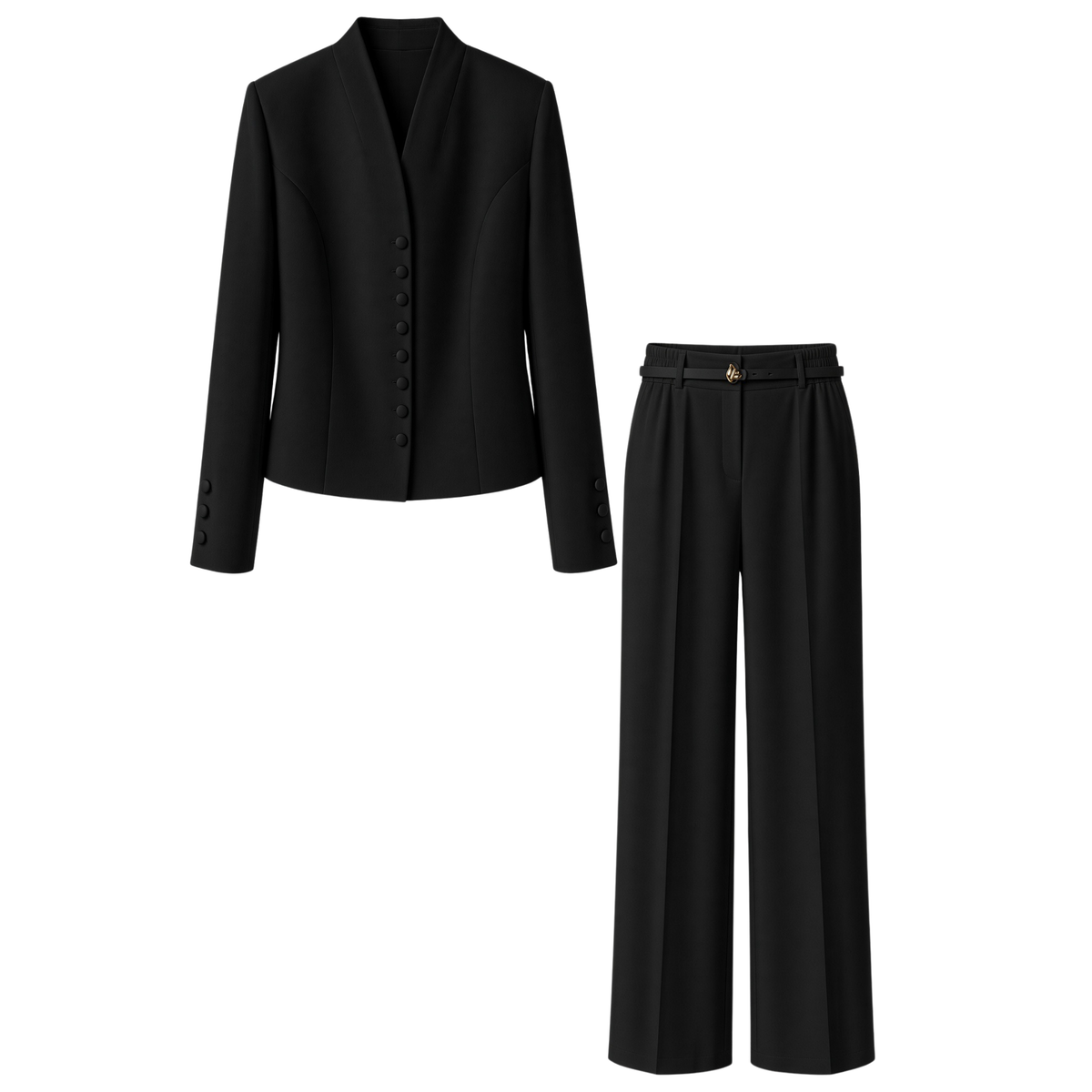 STAND COLLAR BUTTON DETAIL JACKET AND TROUSER SET BLACK