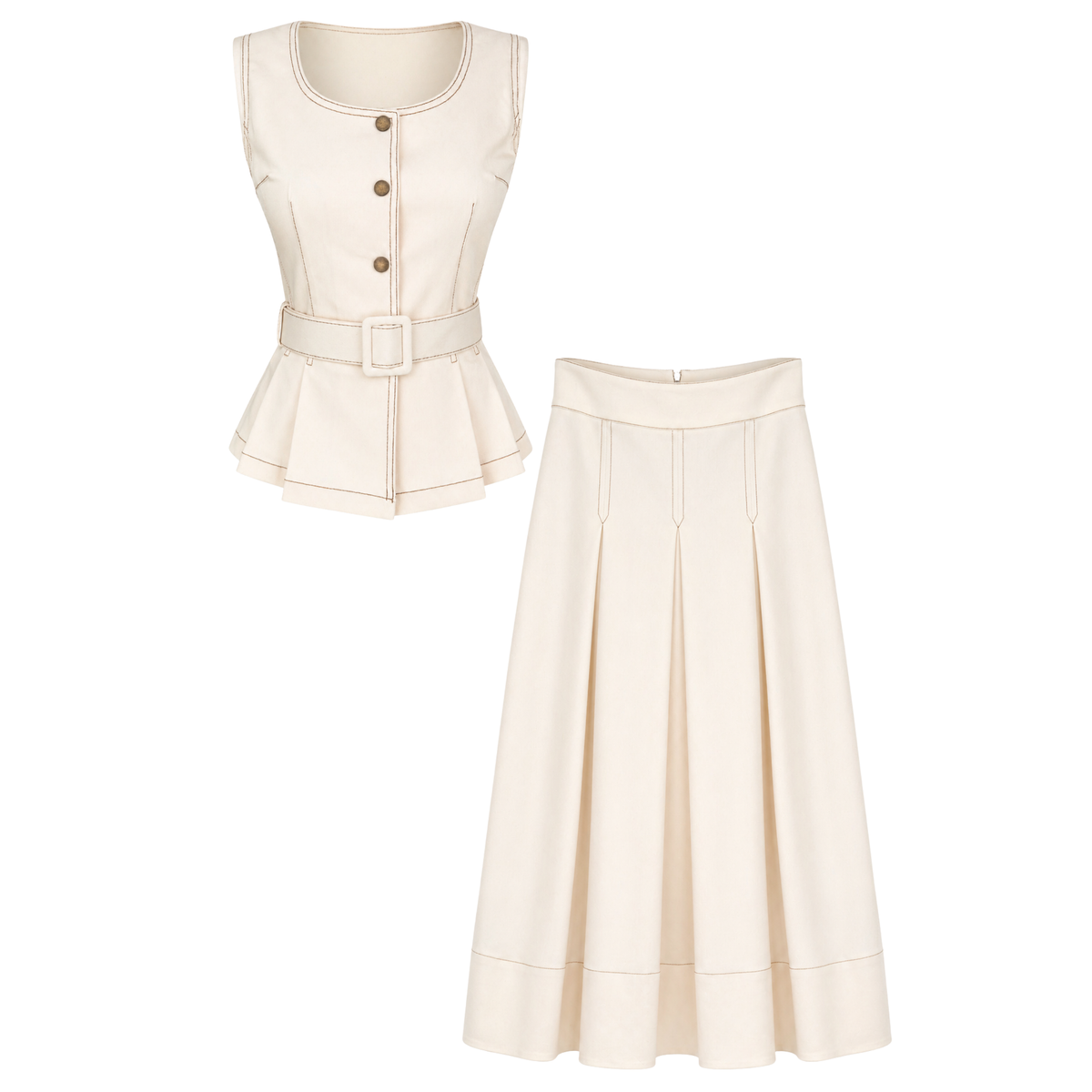 PLEAT DETAIL VEST AND SKIRT SET ECRU