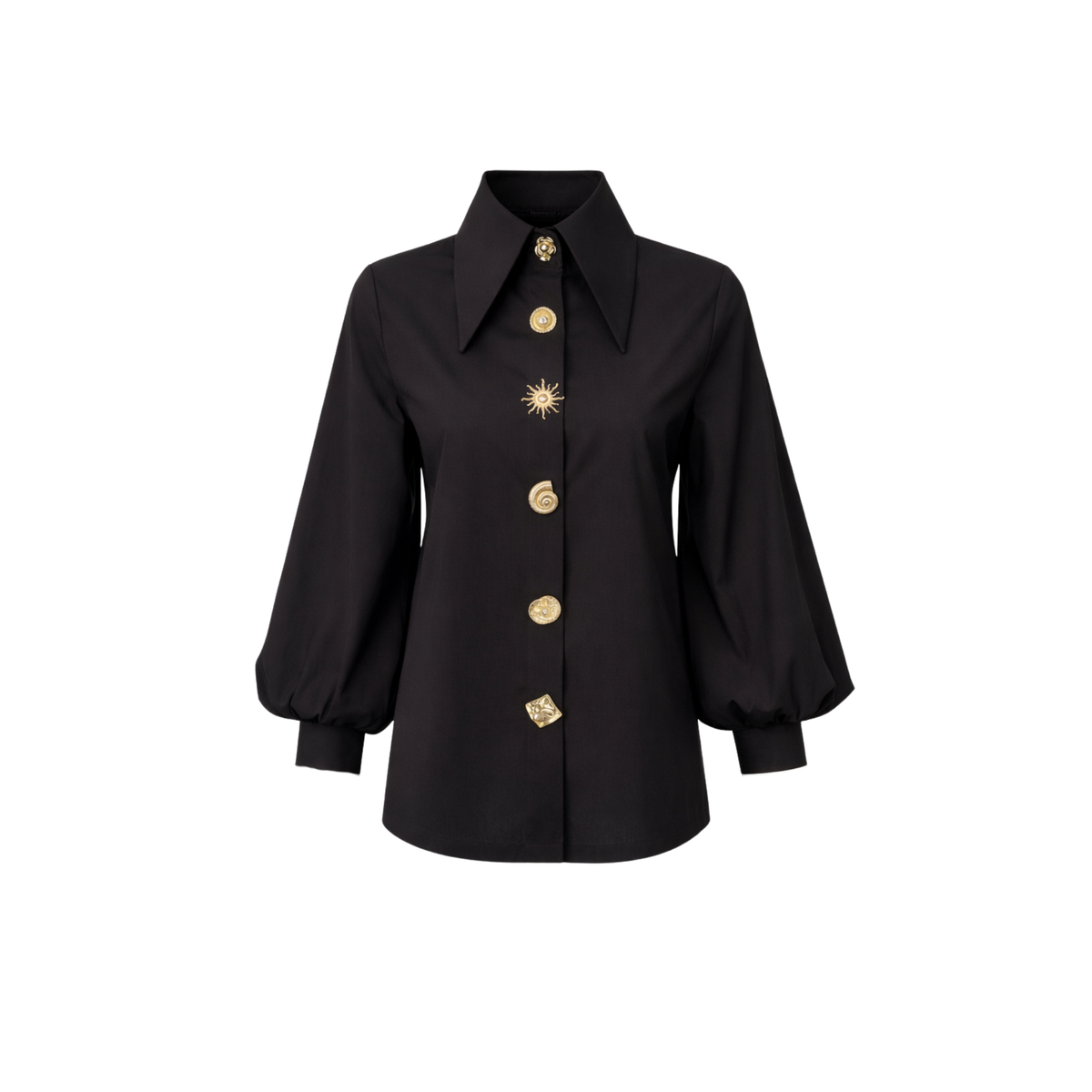 DESIGN BUTTONED PUFF SLEEVE COTTON SHIRT BLACK