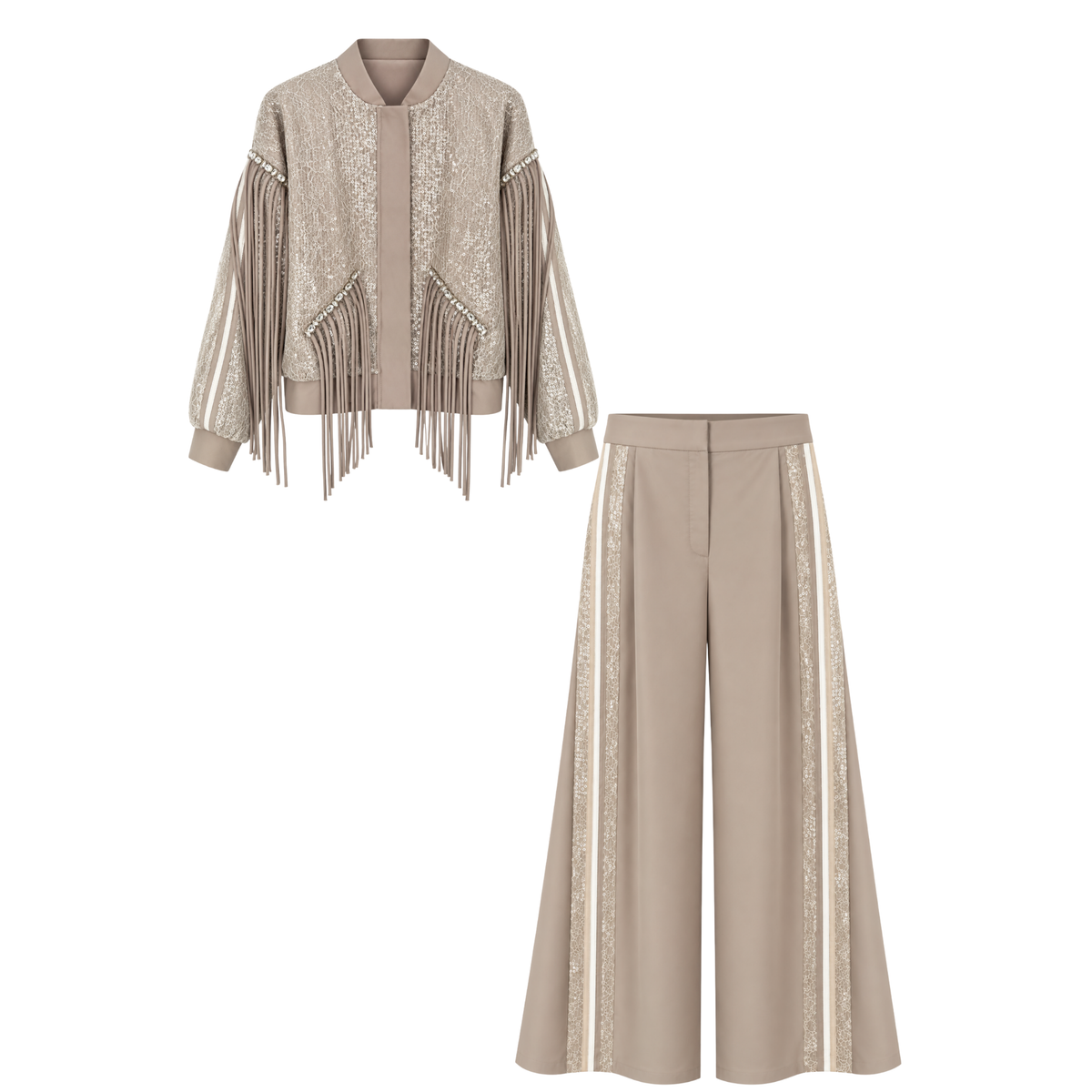 TASSEL AND SEQUIN DETAIL DESIGN JACKET AND TROUSER SET STONE