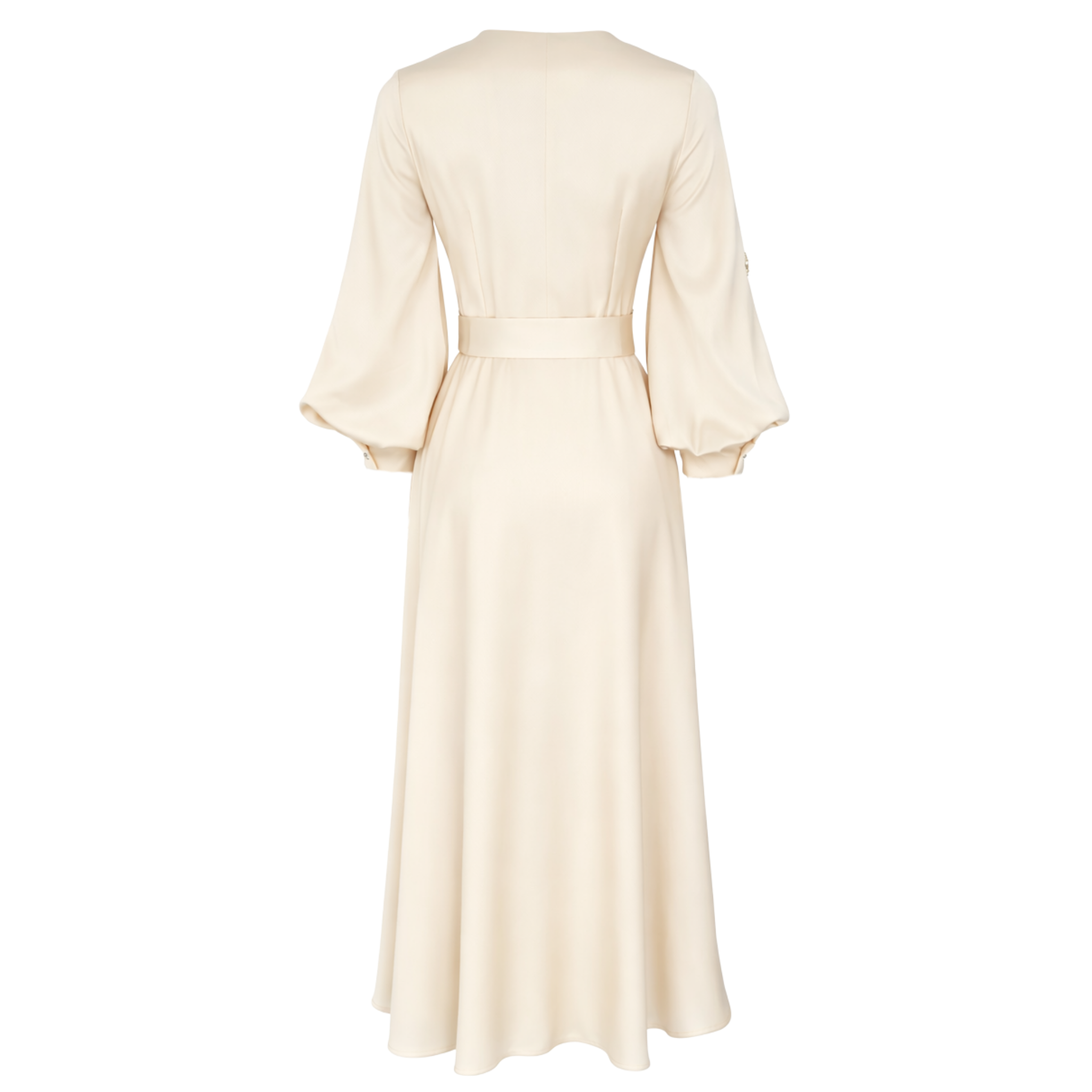 STONE-EMBROIDERED WAIST SASH DETAIL DRESS CREAM