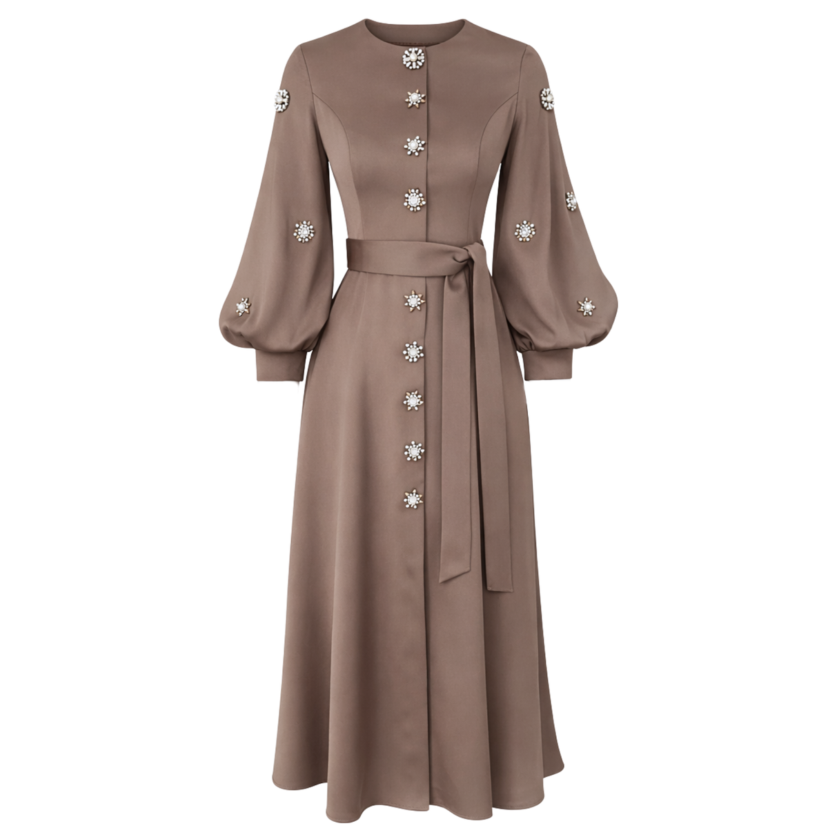 STONE-EMBROIDERED WAIST SASH DETAIL DRESS MINK
