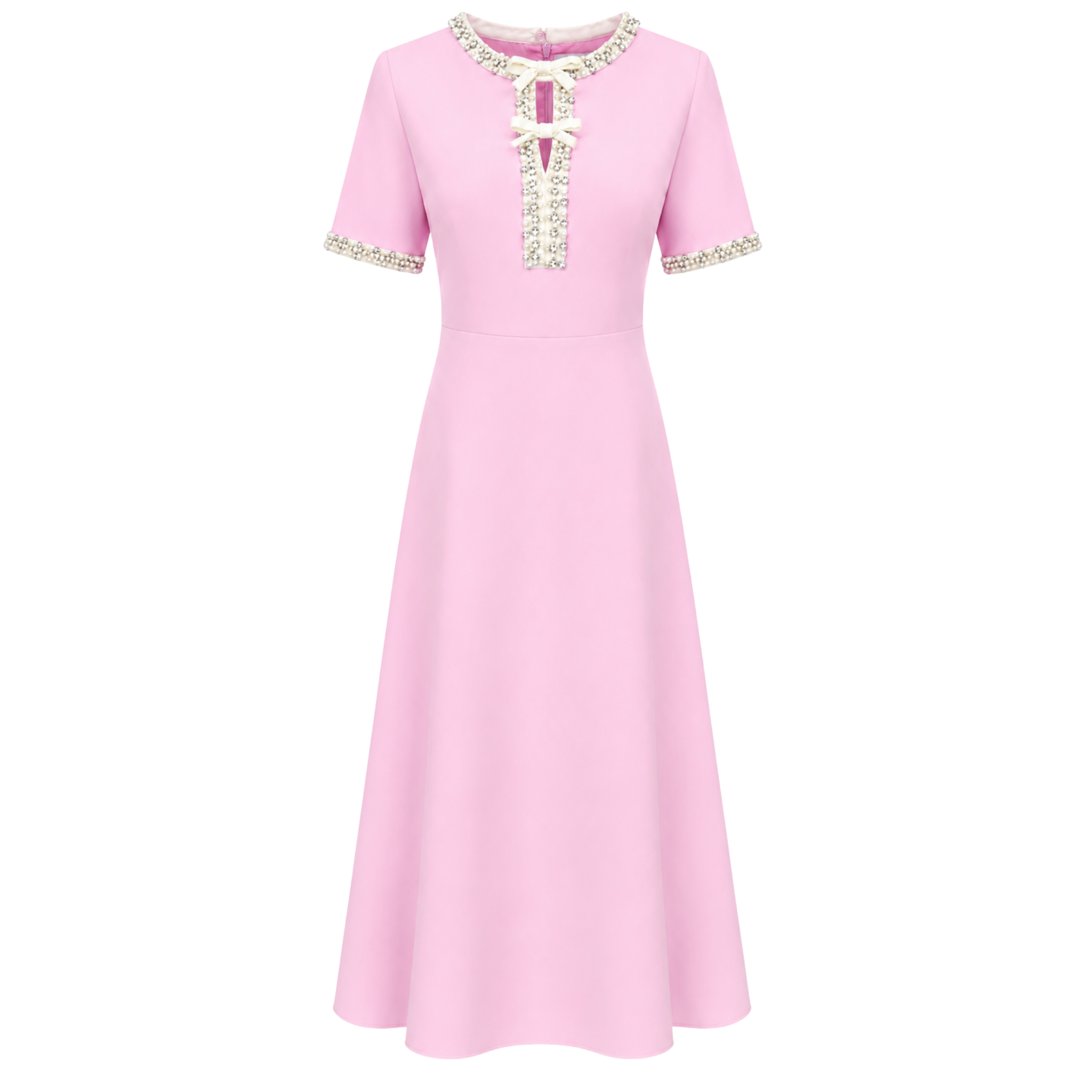 COLLAR AND STONE EMBROIDERED SLEEVES MIDI LENGTH DRESS PINK