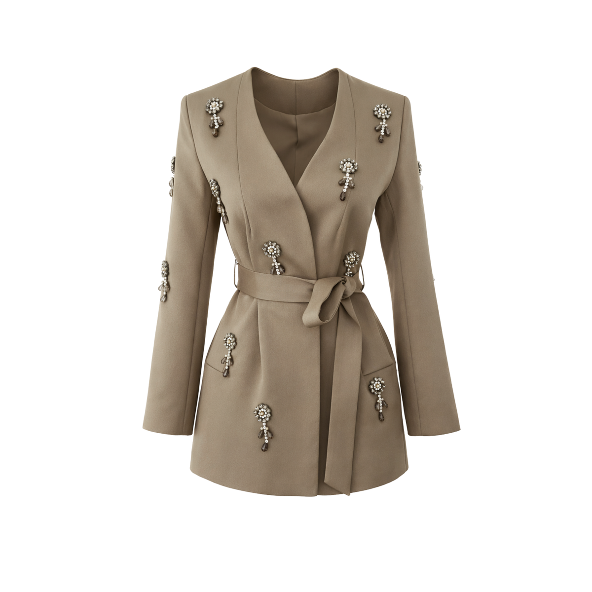 STONE-EMBROIDERED BELTED WAIST SET MINK