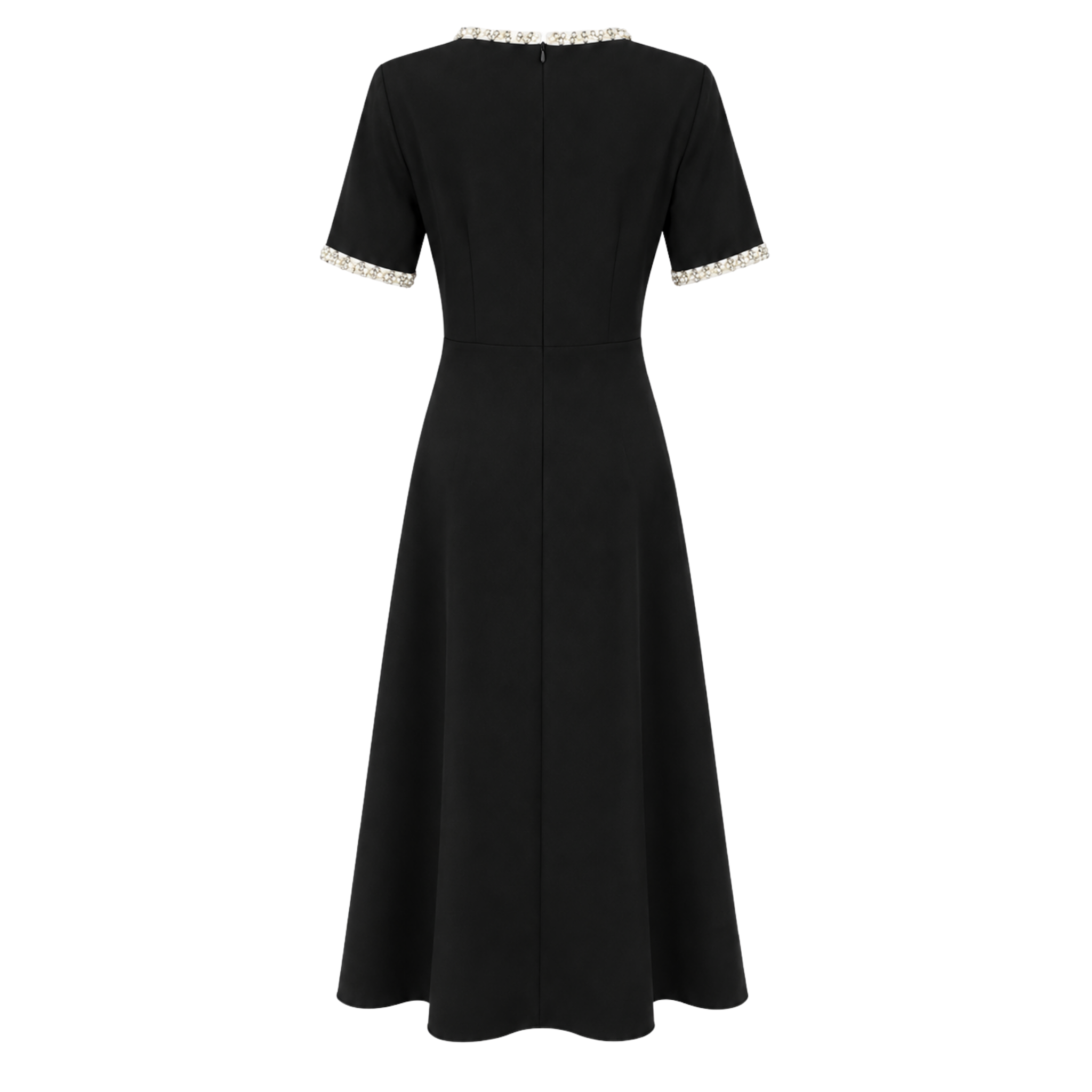 COLLAR AND STONE EMBROIDERED SLEEVES MIDI LENGTH DRESS BLACK