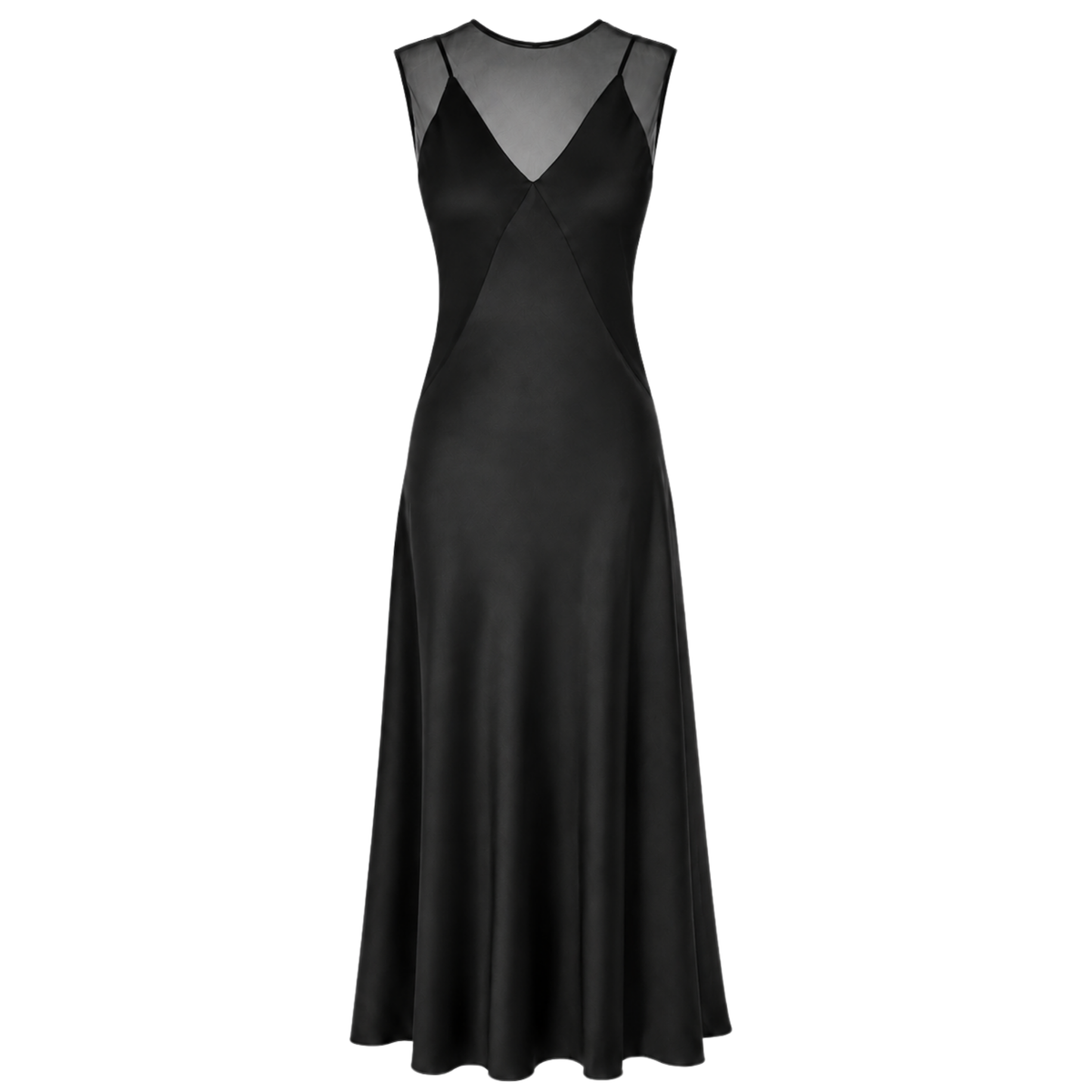 SHEER DETAIL SLEEVELESS SATIN DRESS BLACK