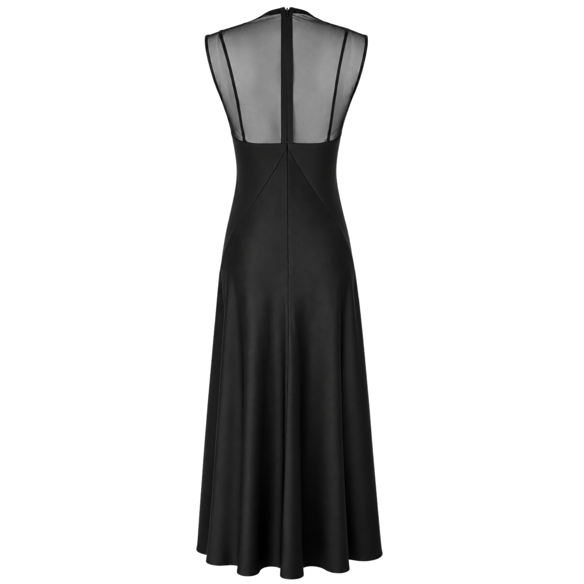 SHEER DETAIL SLEEVELESS SATIN DRESS BLACK