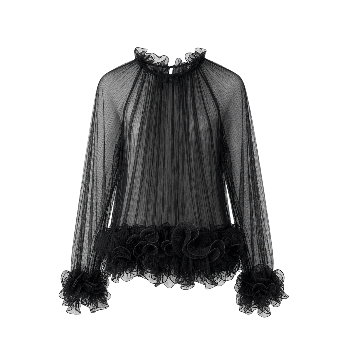 TRANSPARENT TULLE BLOUSE WITH RUFFLED HEM AND SLEEVES BLACK