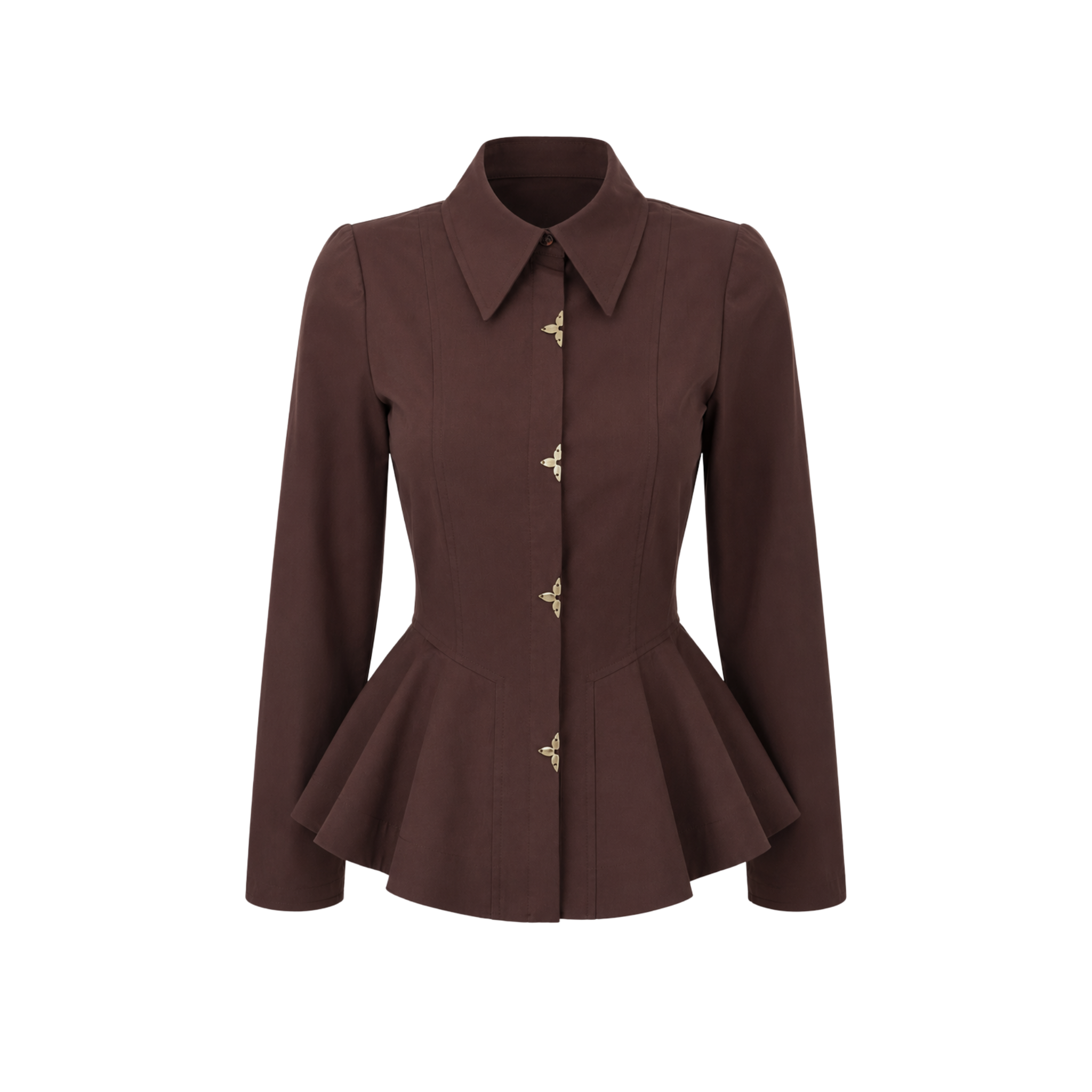 RUFFLE DETAIL GOLD EMBELLISHED SHIRT CHOCOLATE BROWN