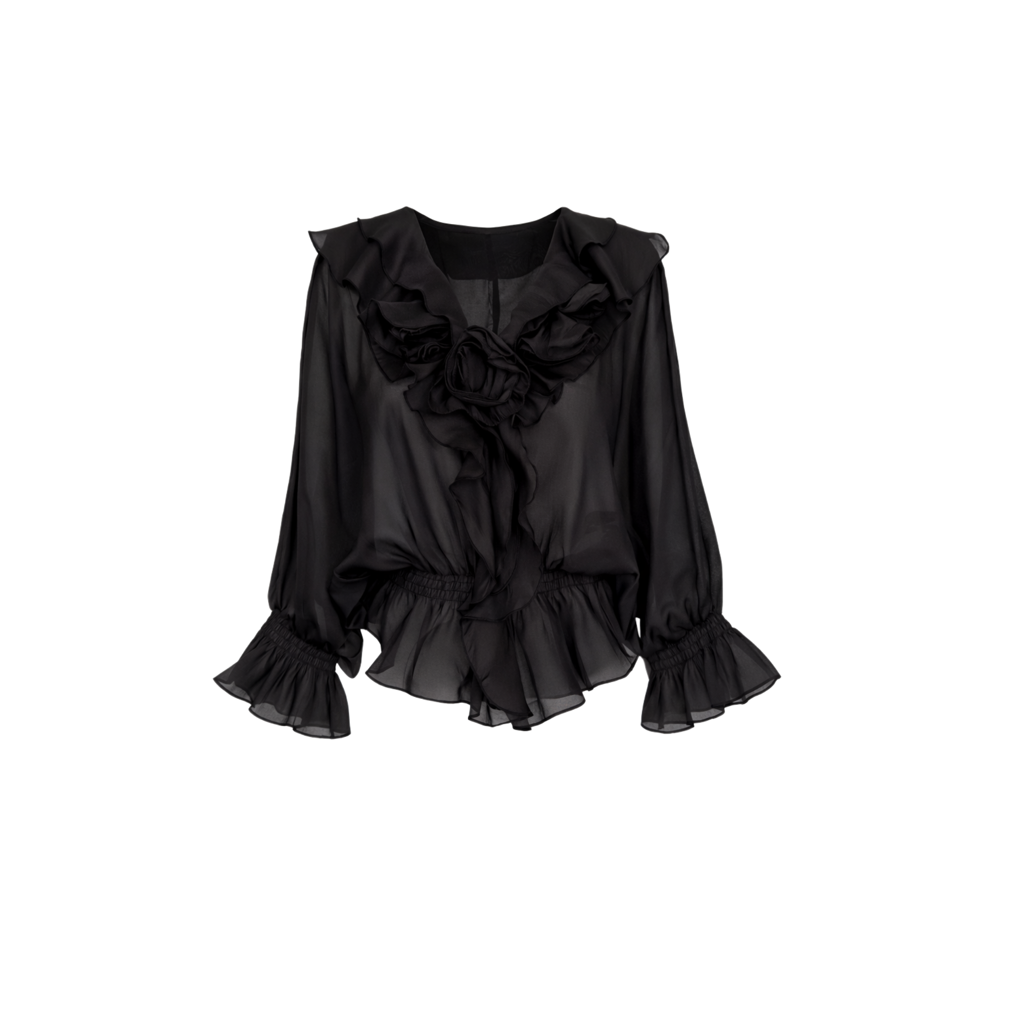 V-NECK SEMI-SHEER CHIFFON BLOUSE BLACK