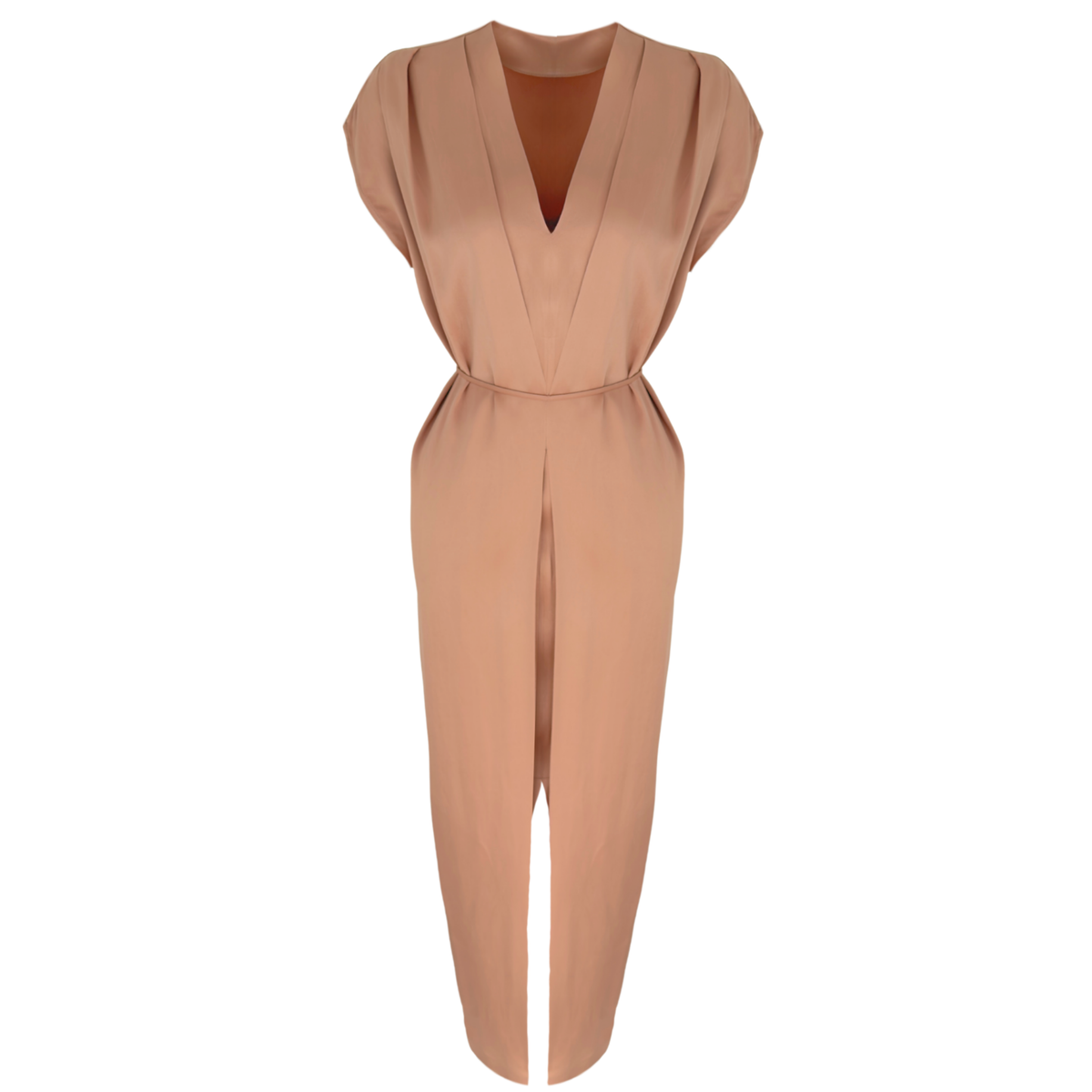V-NECK FRONT SLIT DETAIL SATIN DRESS SALMON