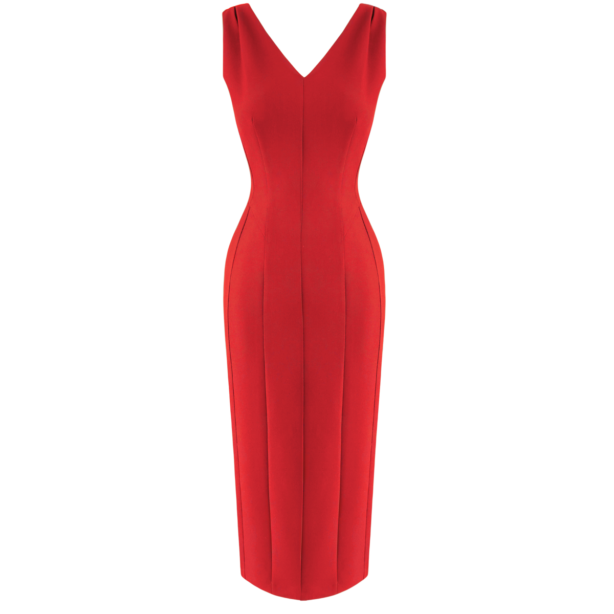 V-NECK MIDI LENGTH PENCIL DRESS RED