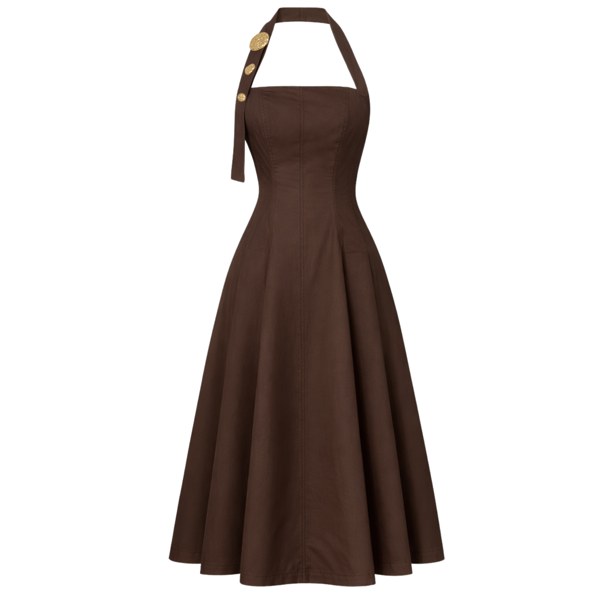 EMBELLISHED A-LINE COLLAR STYLE COTTON DRESS BROWN