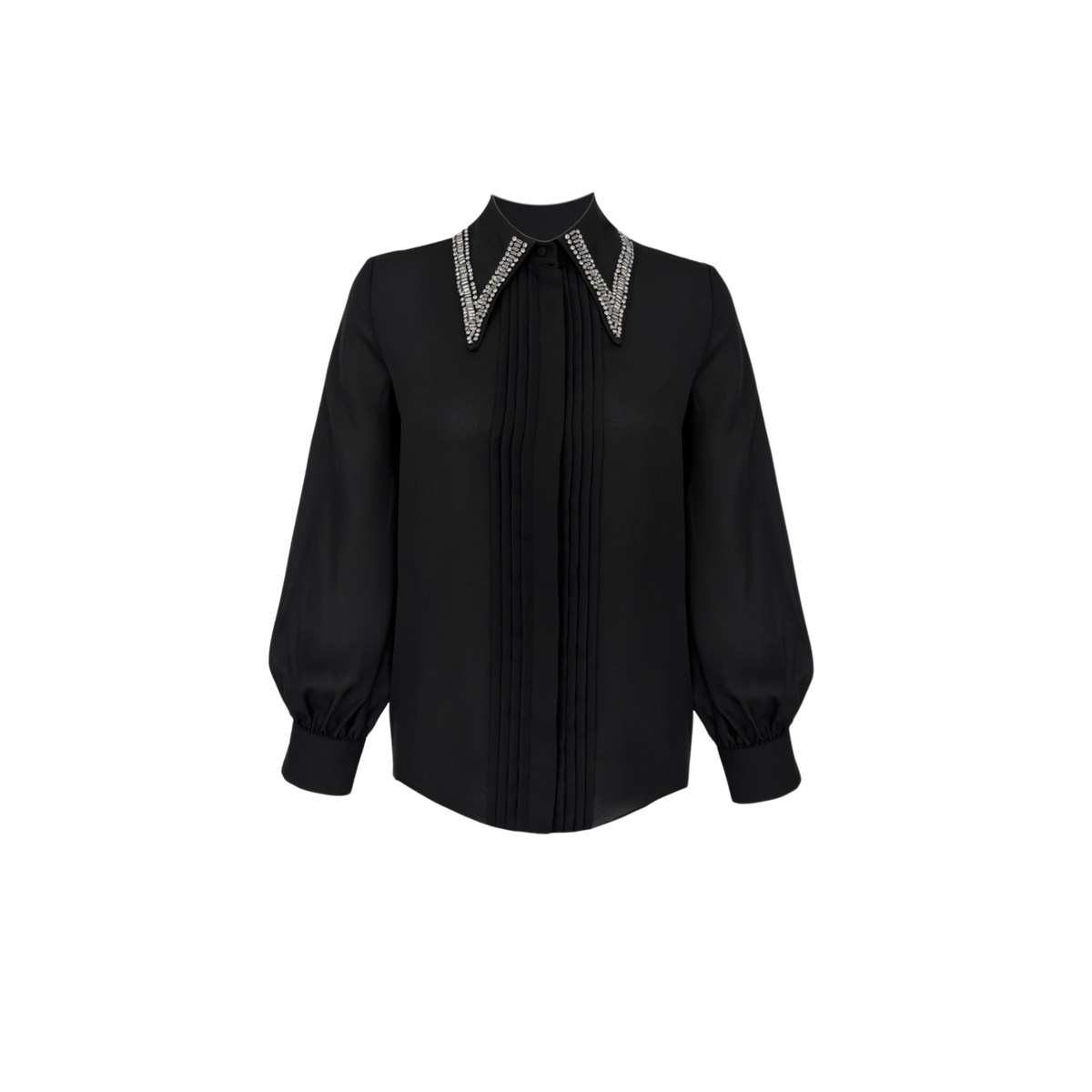 STONE EMBROIDERED COLLAR RIBBED SHIRT BLACK