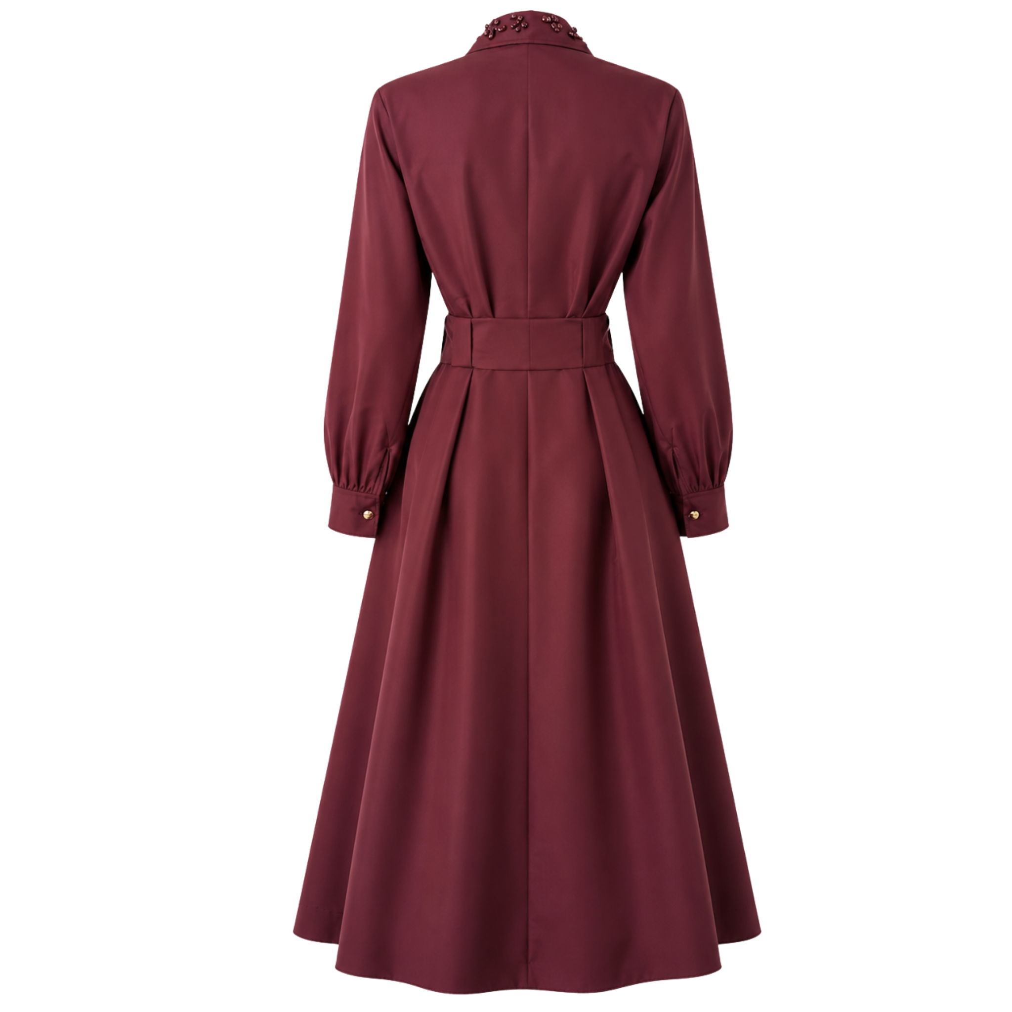 STONE EMBROIDERED COLLAR BELTED WAIST TAFFETA DRESS BURGUNDY