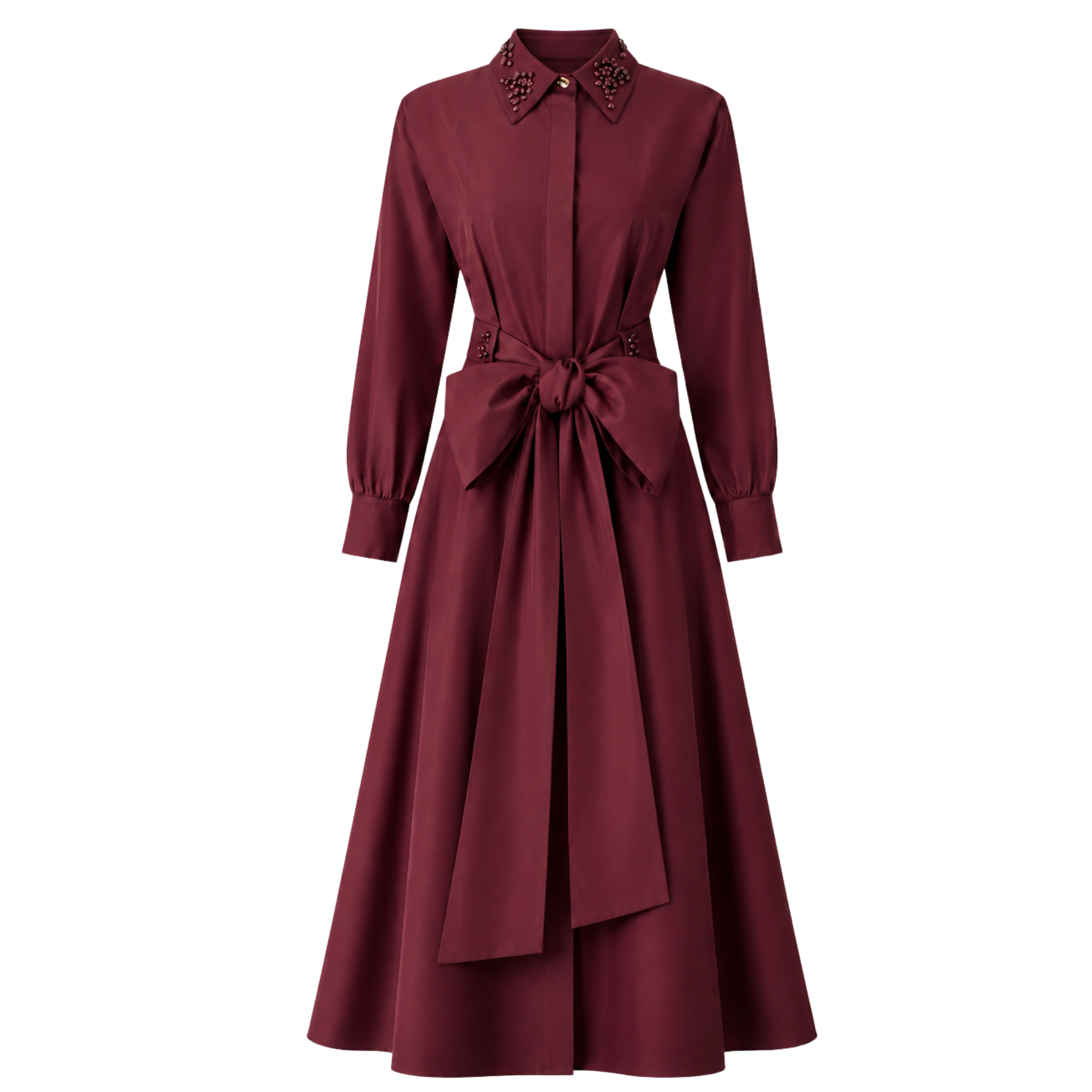 STONE EMBROIDERED COLLAR BELTED WAIST TAFFETA DRESS BURGUNDY