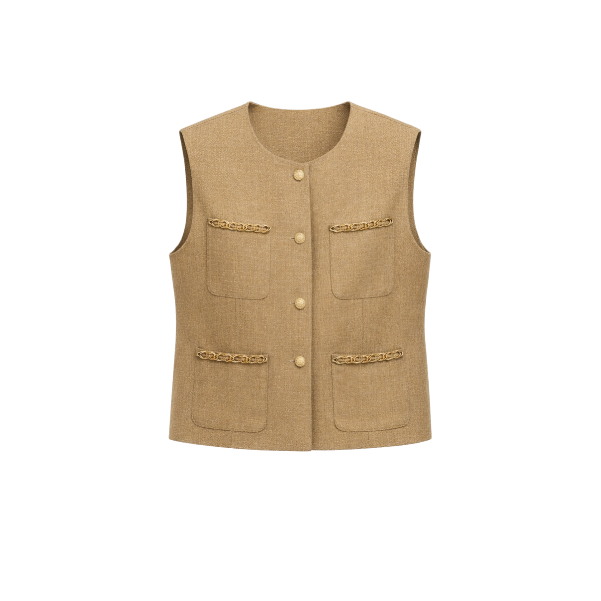 CHAIN DETAIL VEST AND PENCIL SKIRT SET CAMEL