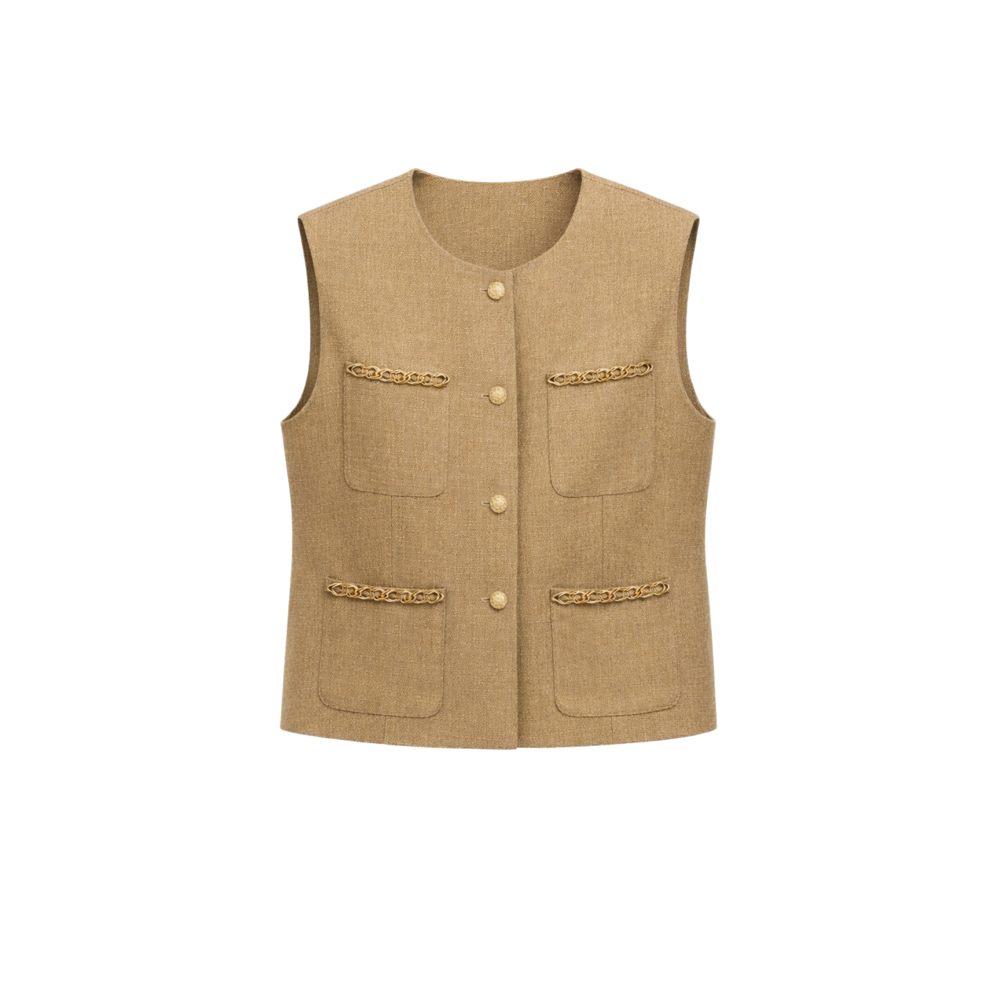 CHAIN DETAIL VEST AND PENCIL SKIRT SET CAMEL