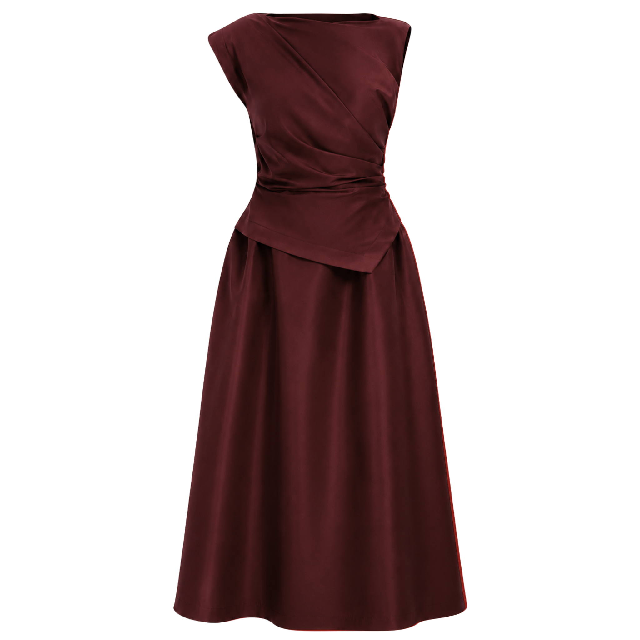 WAIST DETAIL DRAPED TAFFETA DRESS BURGUNDY