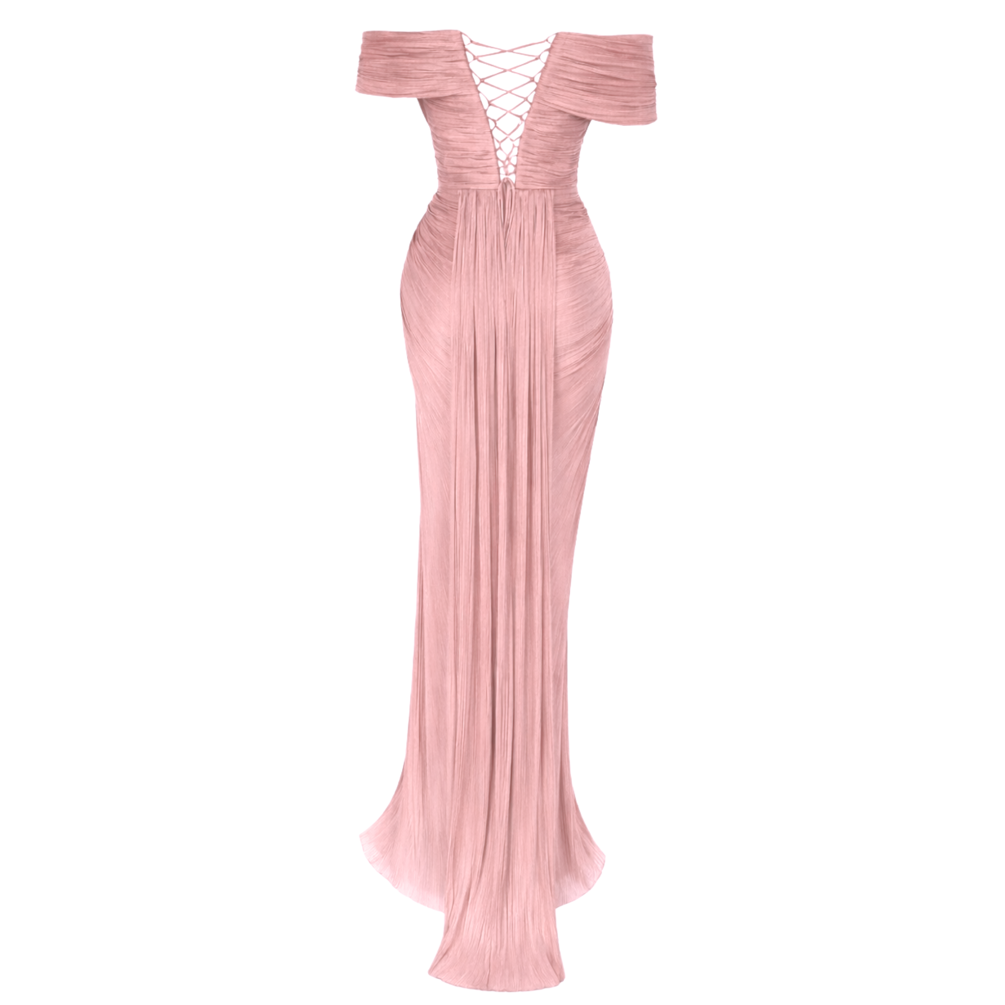 ASYMMETRIC NECKLINE DRAPED LONG EVENING DRESS POWDER PINK