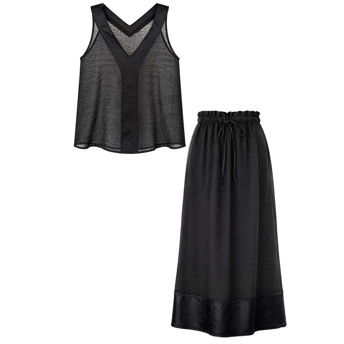 100% LINEN FABRIC MIX BLOUSE AND SKIRT SET BLACK