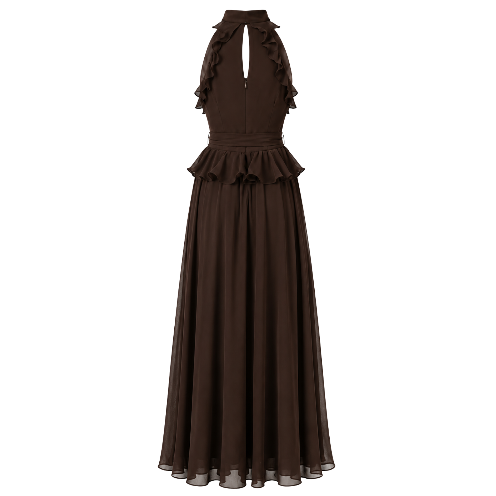 RUFFLE DETAIL MAXI LENGTH CHIFFON DRESS BROWN