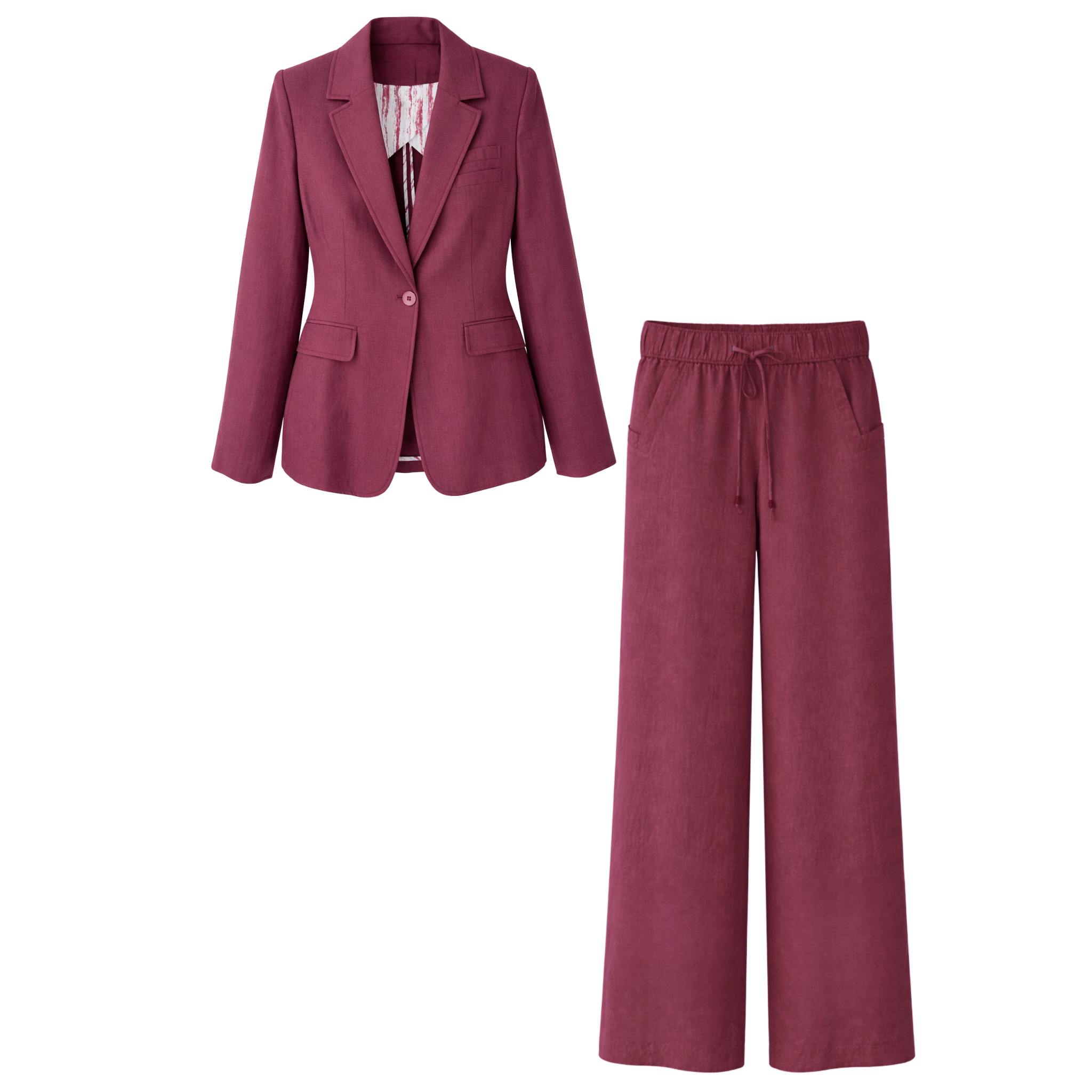 POCKET DETAIL 100% LINEN SET BURGUNDY