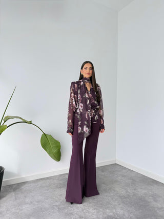 FLORAL DESEN ŞAL YAKA KRUVAZE ŞİFON BLUZ MOR
