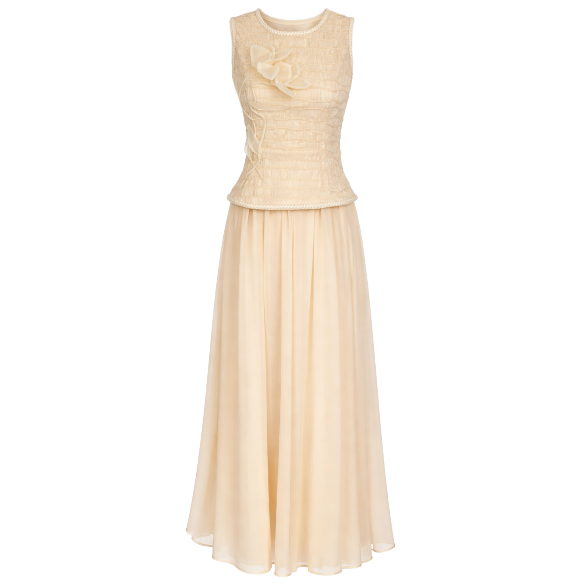 3D FLORAL APPLIQUÉ DOUBLE PIECE LOOK DRESS CREAM