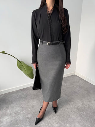 Wool blend midi-length pencil skirt, gray.