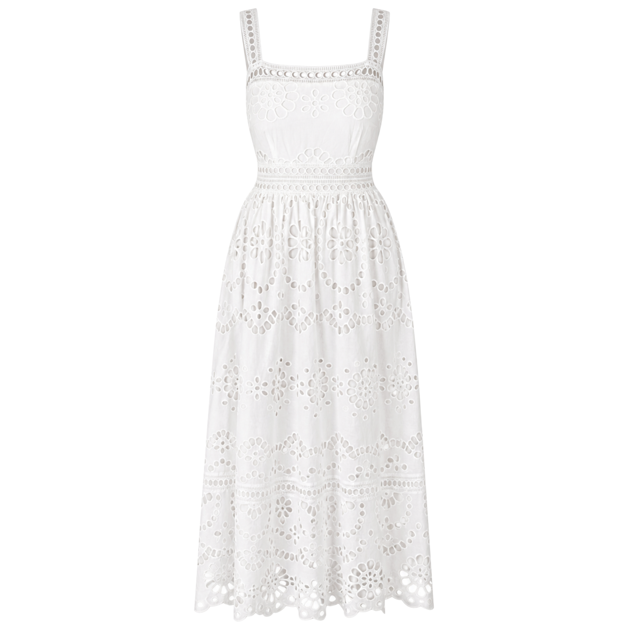 SQUARE NECK MAXI LENGTH BRODERIE DRESS WHITE