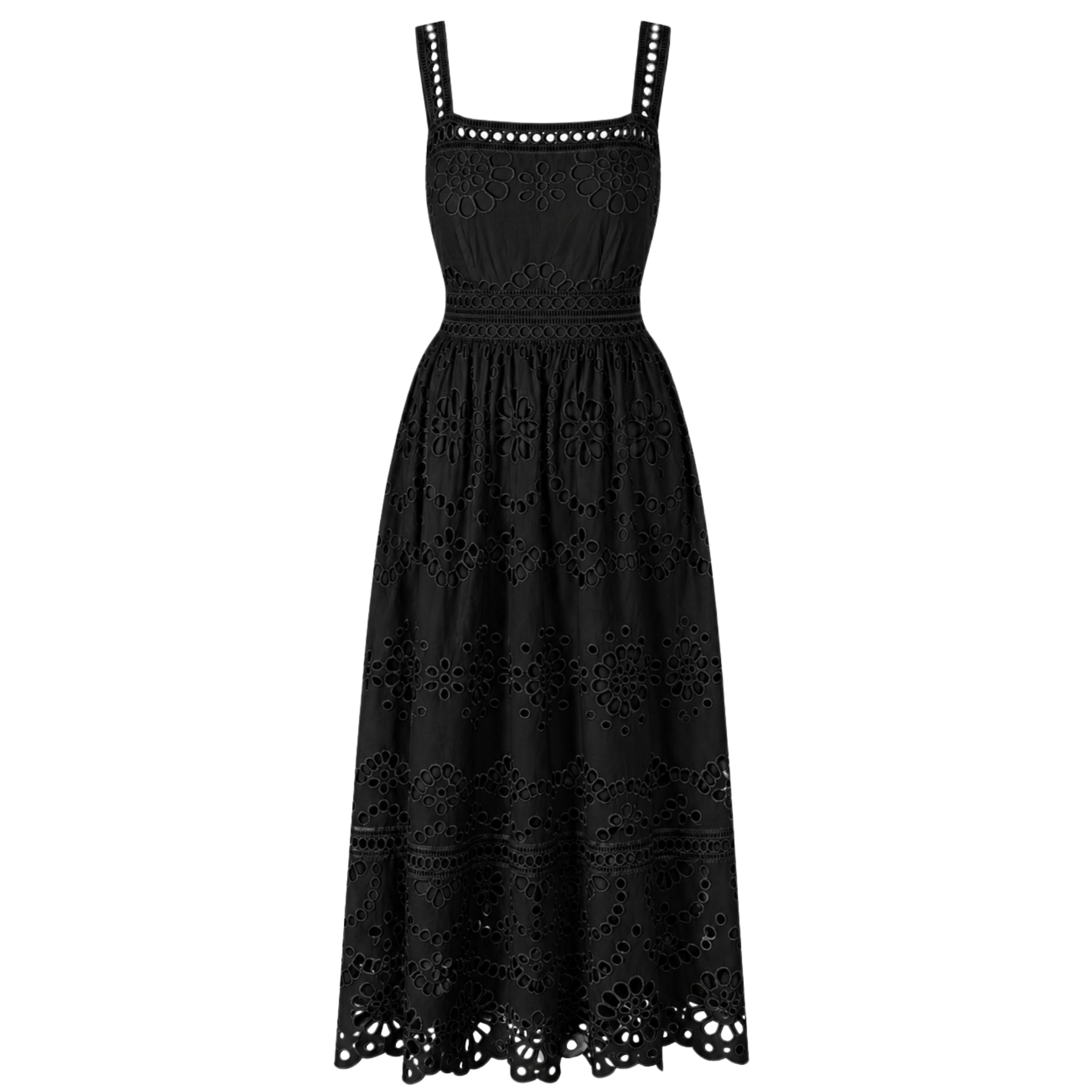 SQUARE NECK MAXI LENGTH BRODERIE DRESS BLACK