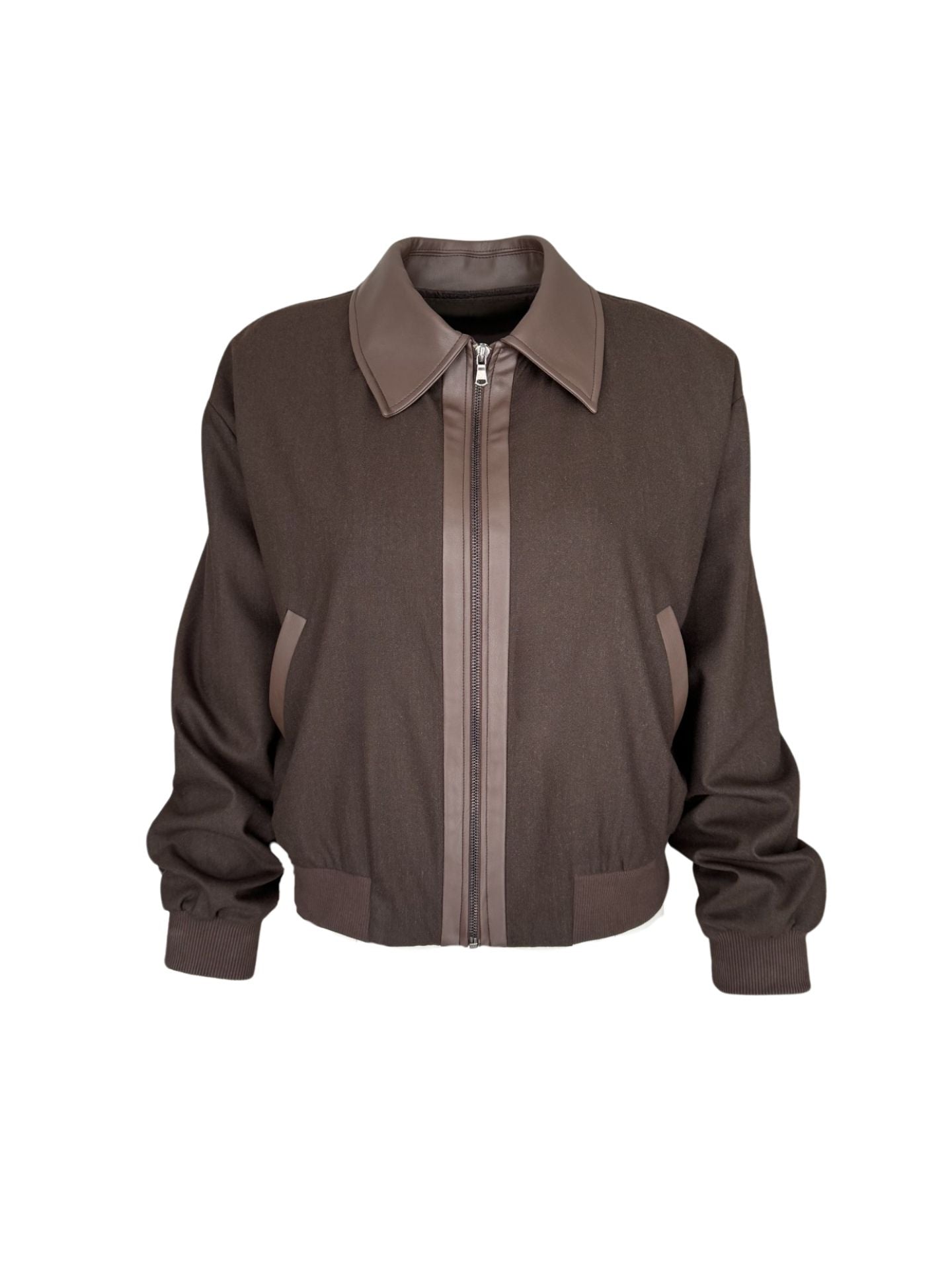 LEATHER-TRIMMED ZIPPED JACKET BROWN