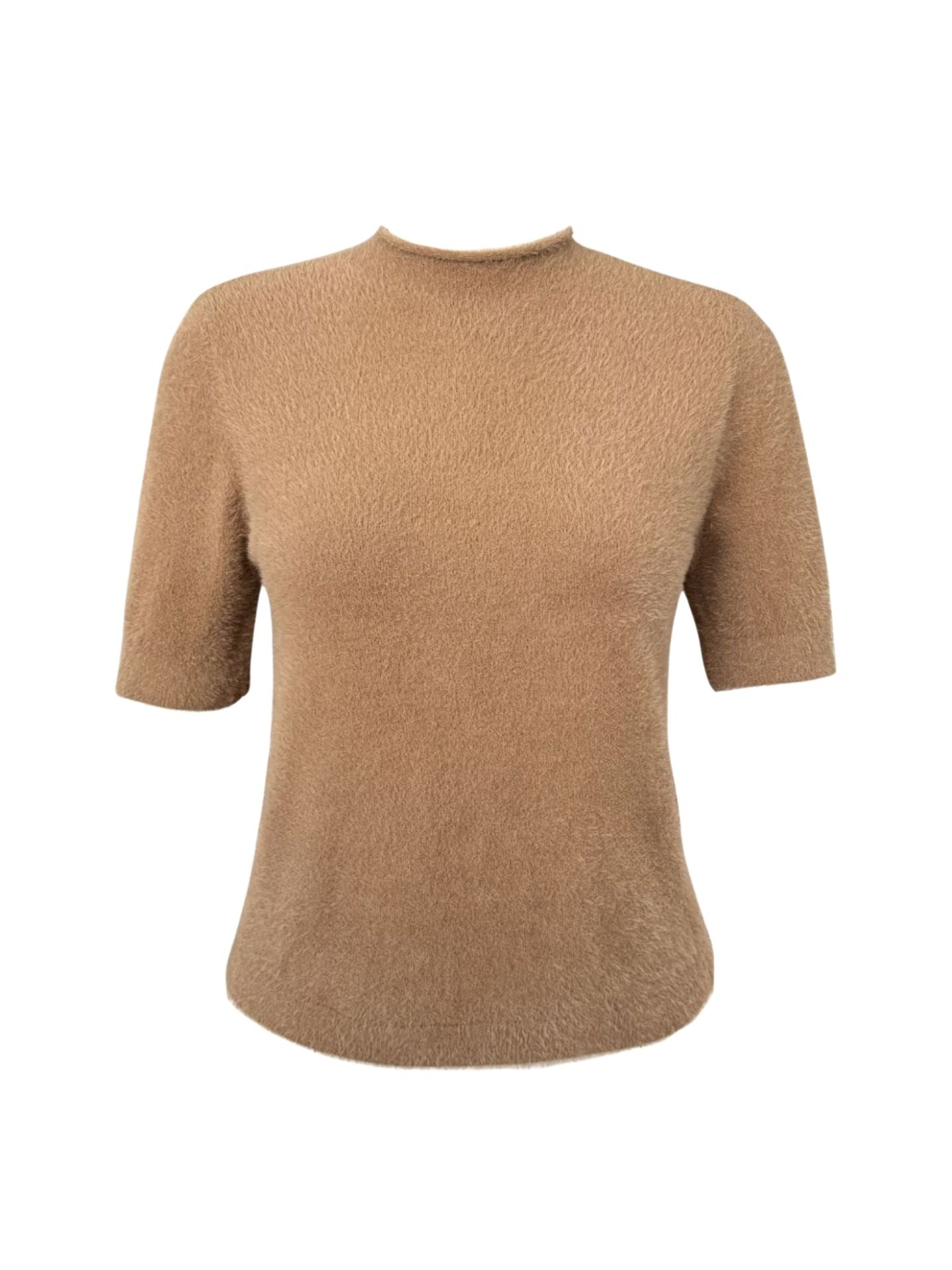 High Neck Short Sleeve Fluffy Knit Camel - One Size