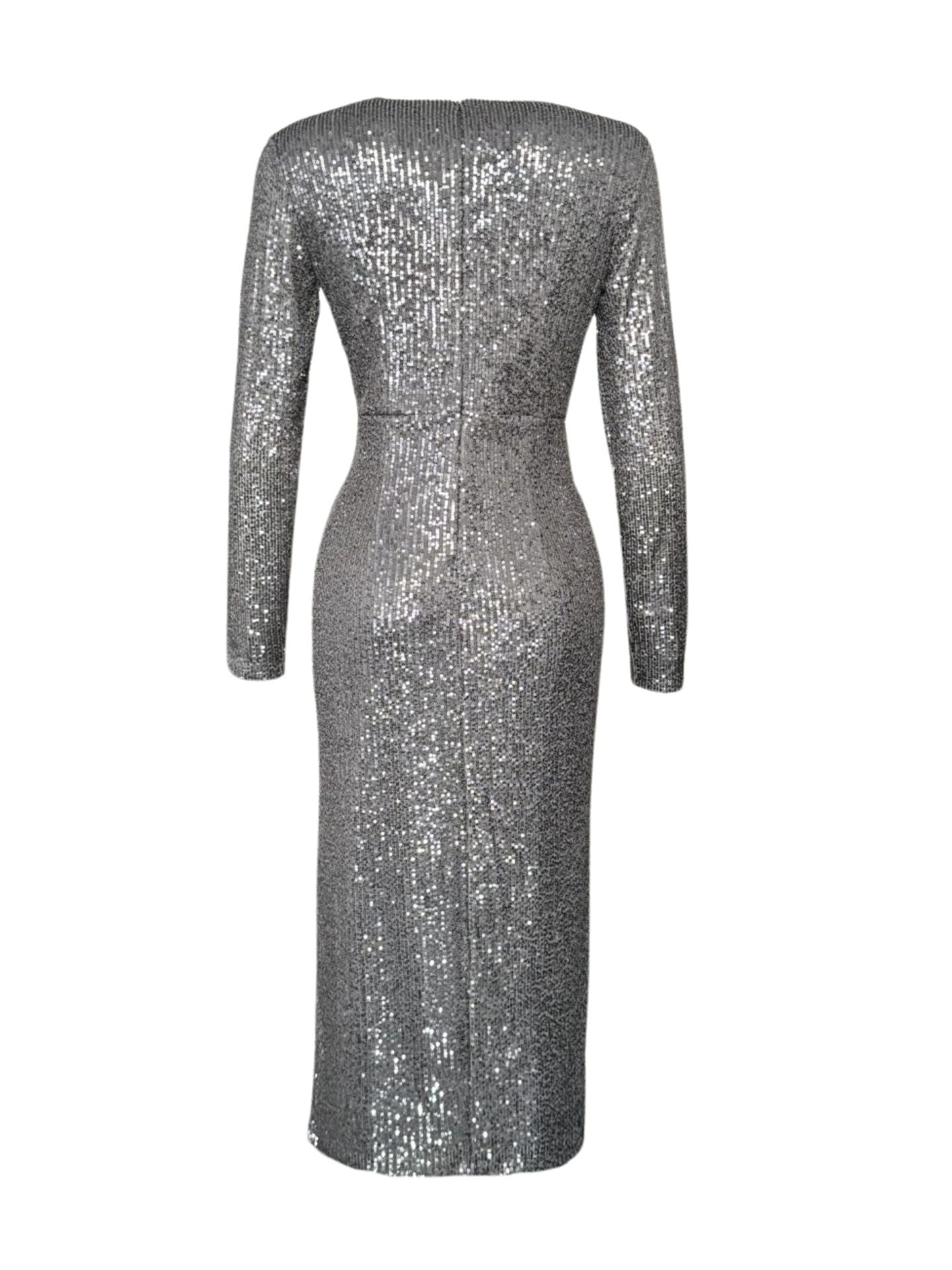 SEQUIN SEQUINED WRAP STYLE DRESS GREY