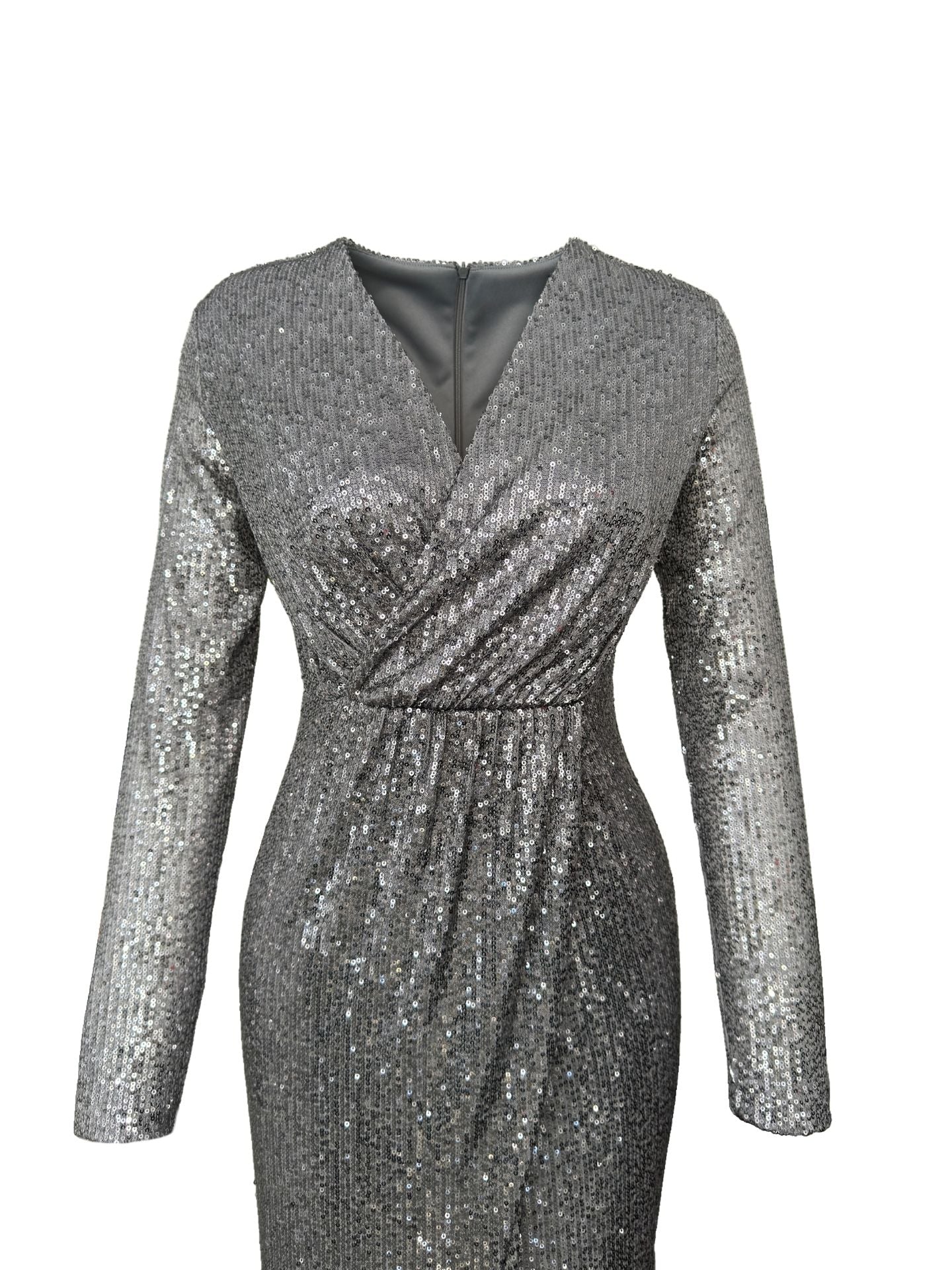 SEQUIN SEQUINED WRAP STYLE DRESS GREY