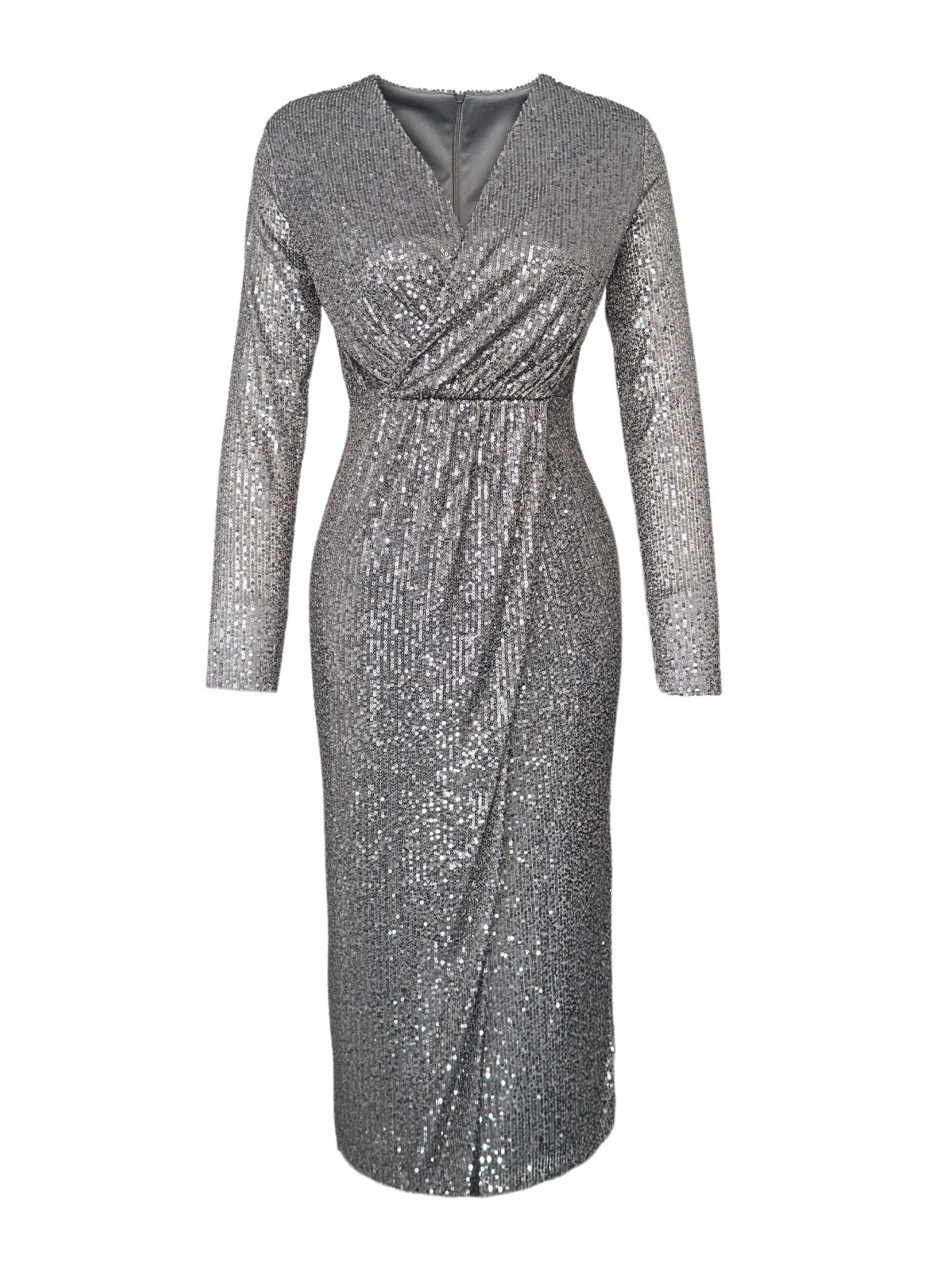 SEQUIN SEQUINED WRAP STYLE DRESS GREY