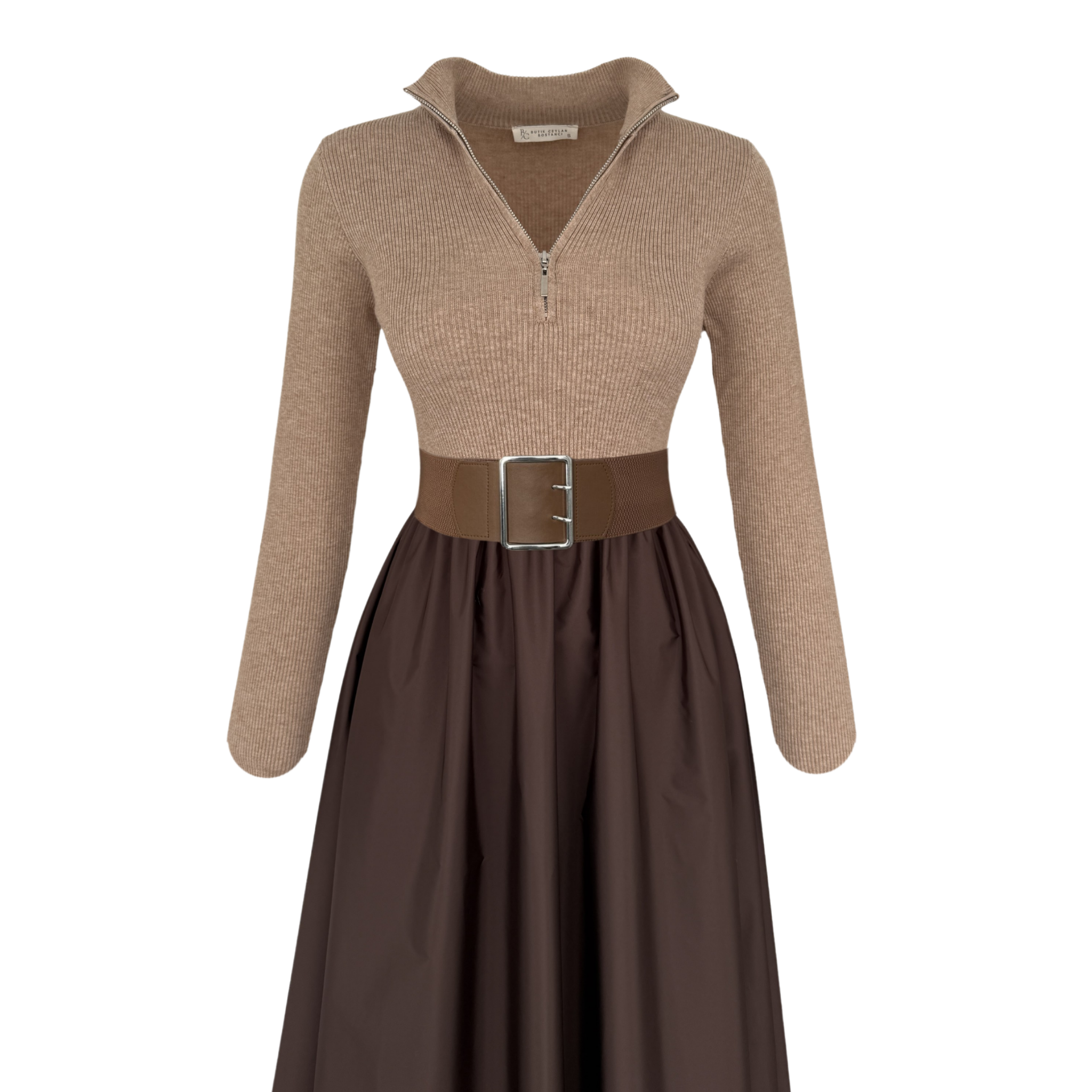 KNIT TRIMMED PARACHUTE FABRIC DRESS BROWN