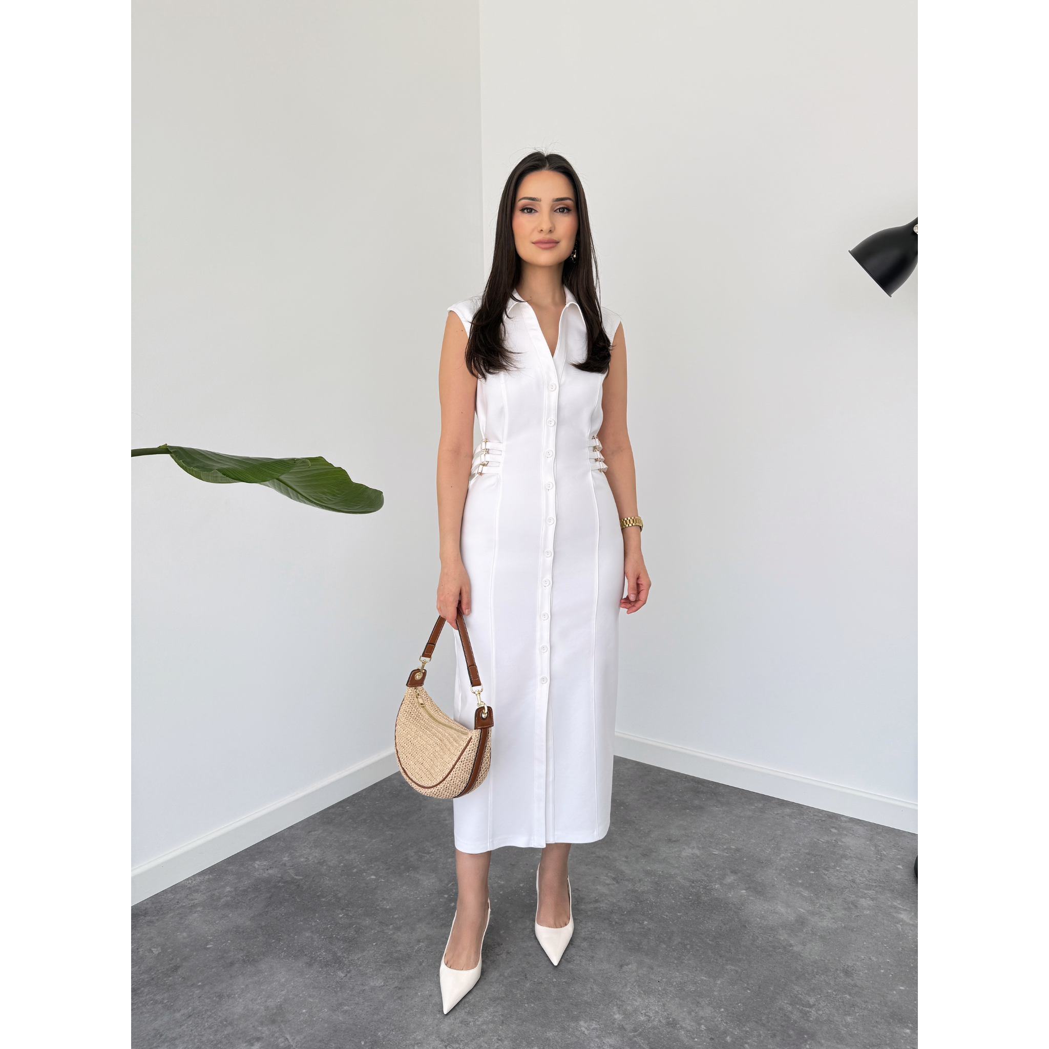 EMBELLISHED WAIST LYCRA-BLEND GABARDINE DRESS ECRU