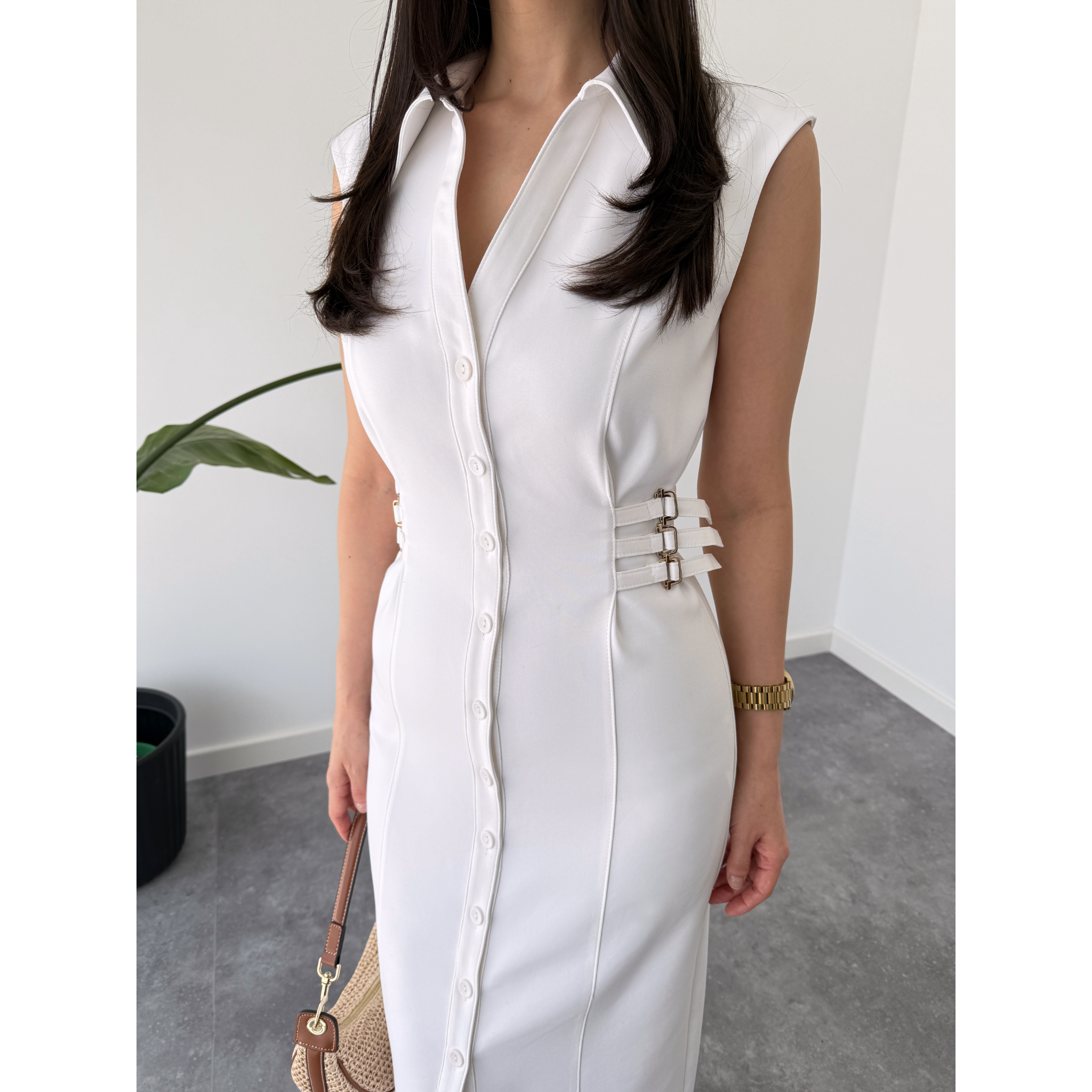 EMBELLISHED WAIST LYCRA-BLEND GABARDINE DRESS ECRU