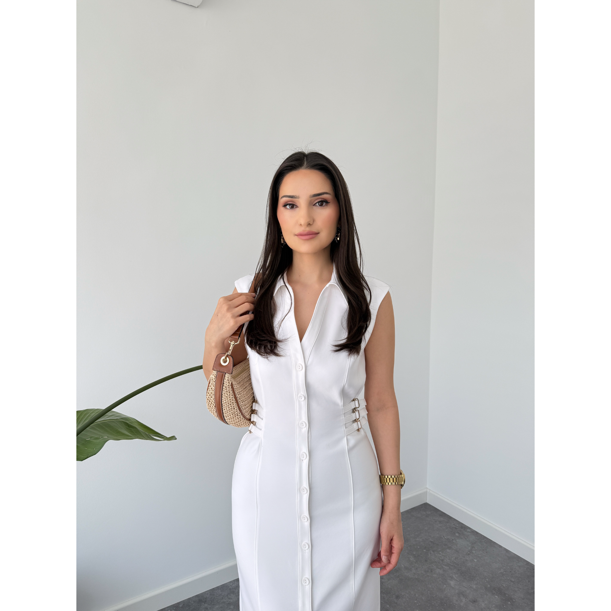 EMBELLISHED WAIST LYCRA-BLEND GABARDINE DRESS ECRU