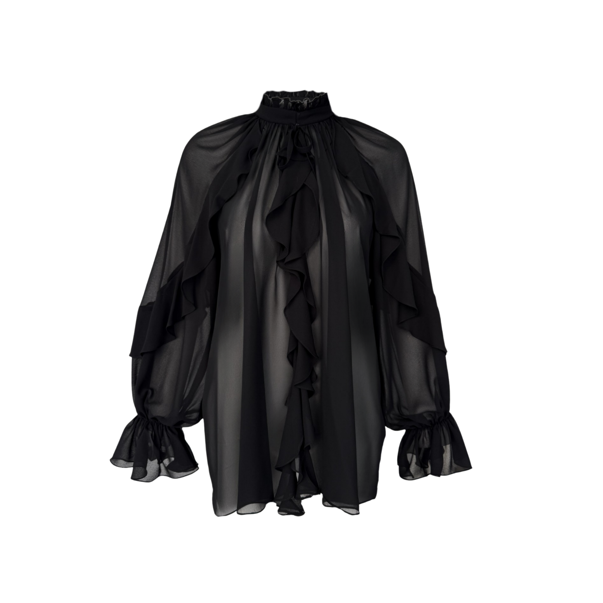 RUFFLED SHEER CHIFFON BLOUSE BLACK