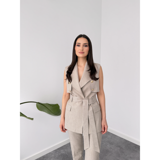 BELı KUŞAKLI COTTON YELEKLI TAKIM BEJ