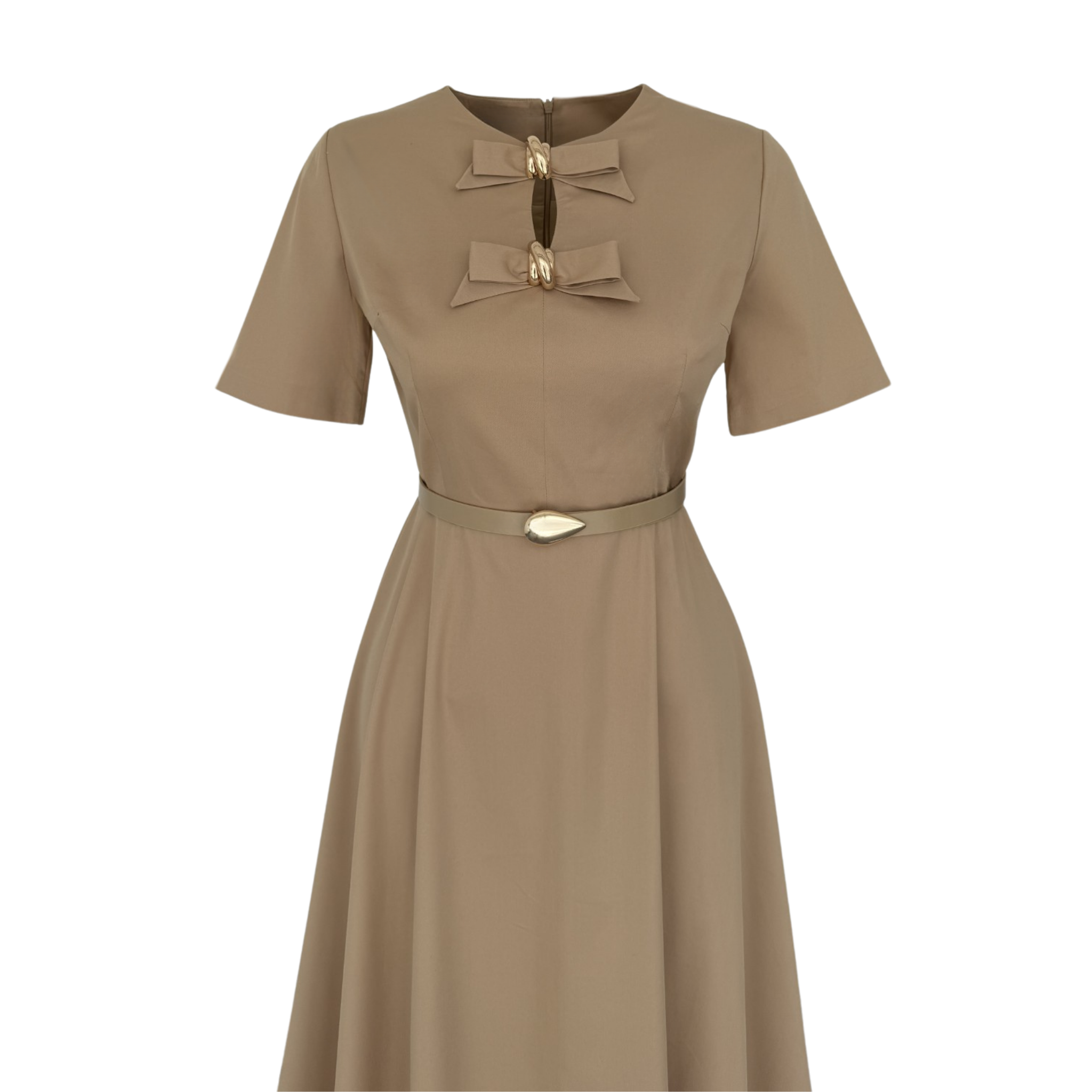 BOW DETAILED SHORT SLEEVE BELTED DRESS CAMEL