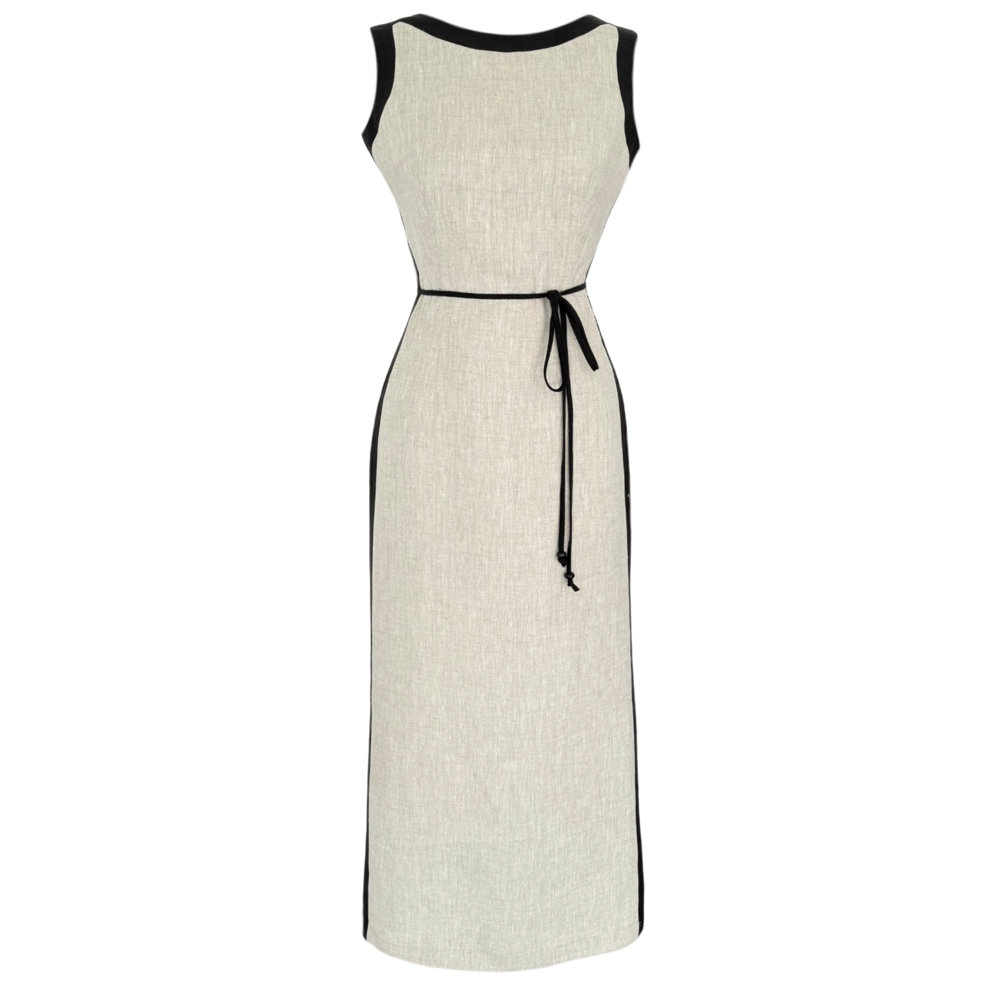 CONTRAST BAND DETAILED 100% LINEN DRESS