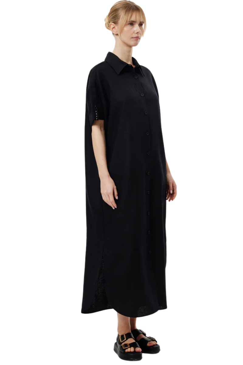 100% LINEN RELAXED SHIRT DRESS BLACK