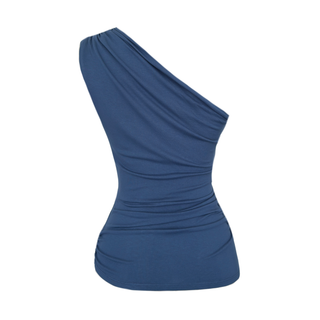 ONE-SHOULDER BLOUSE WITH SIDE DRAPING, INDIGO.